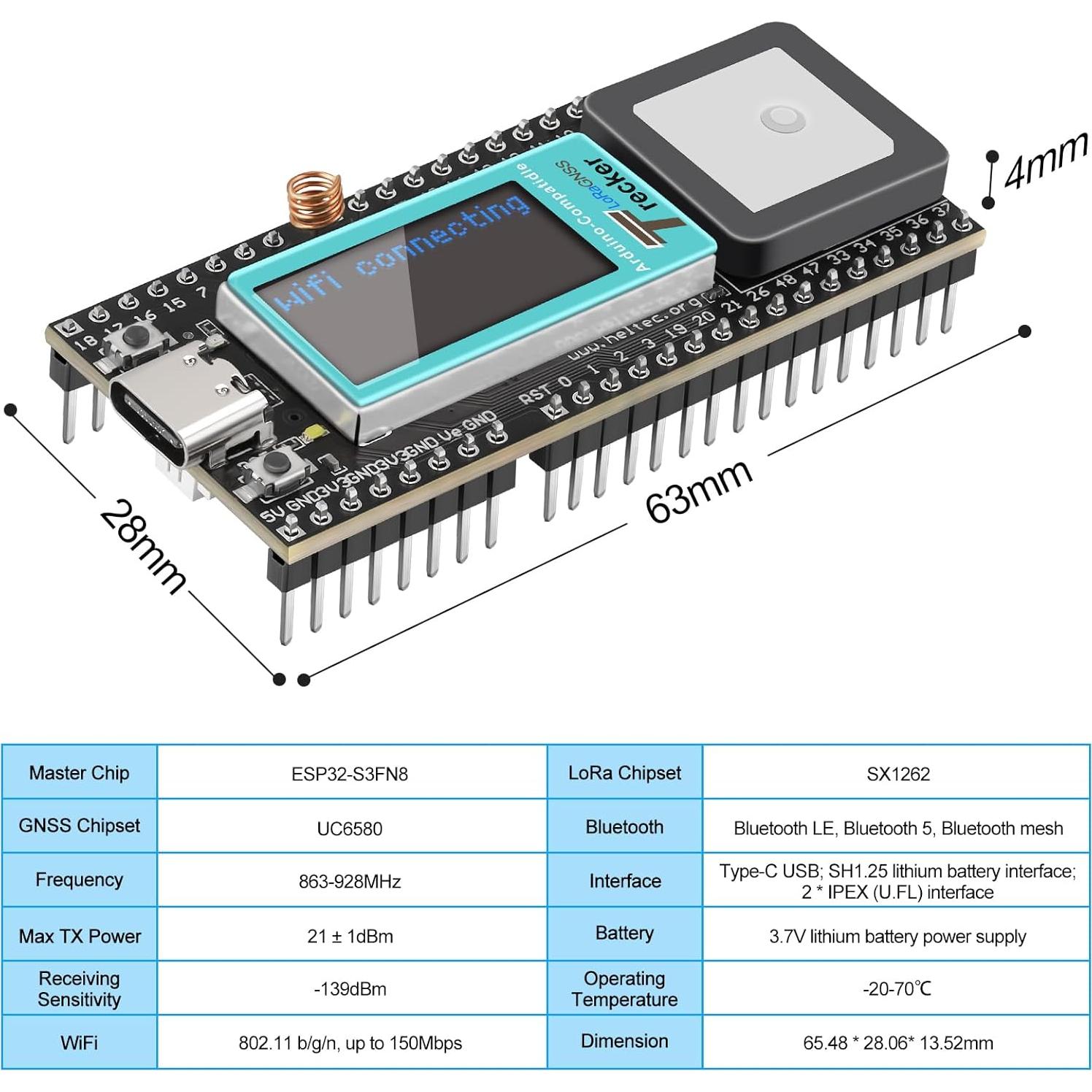 Rastreador Inalámbrico MakerFocus ESP32-S3 con GPS y LoRa