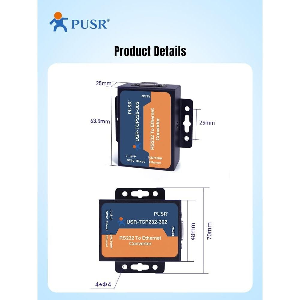 Convertidor RS232 a Ethernet USR-TCP232-302 con Modbus y DNS
