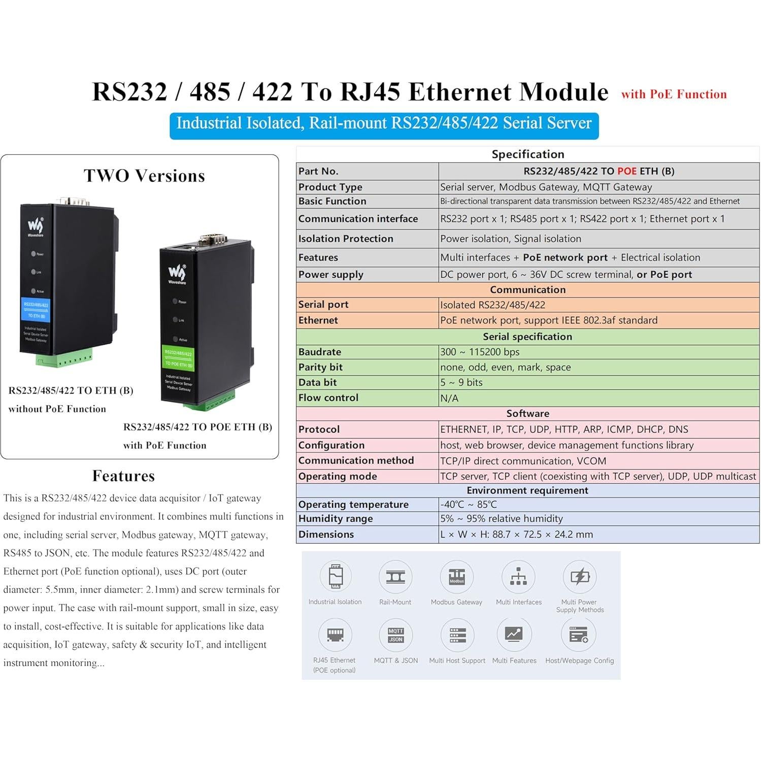 Convertidor RS232/485/422 a RJ45 UeeKKoo POE Industrial