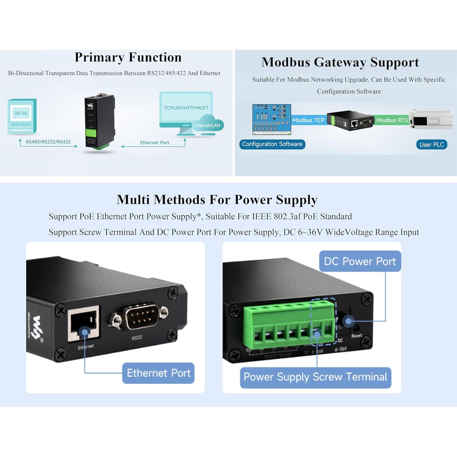 Convertidor RS232/485/422 a RJ45 UeeKKoo POE Industrial