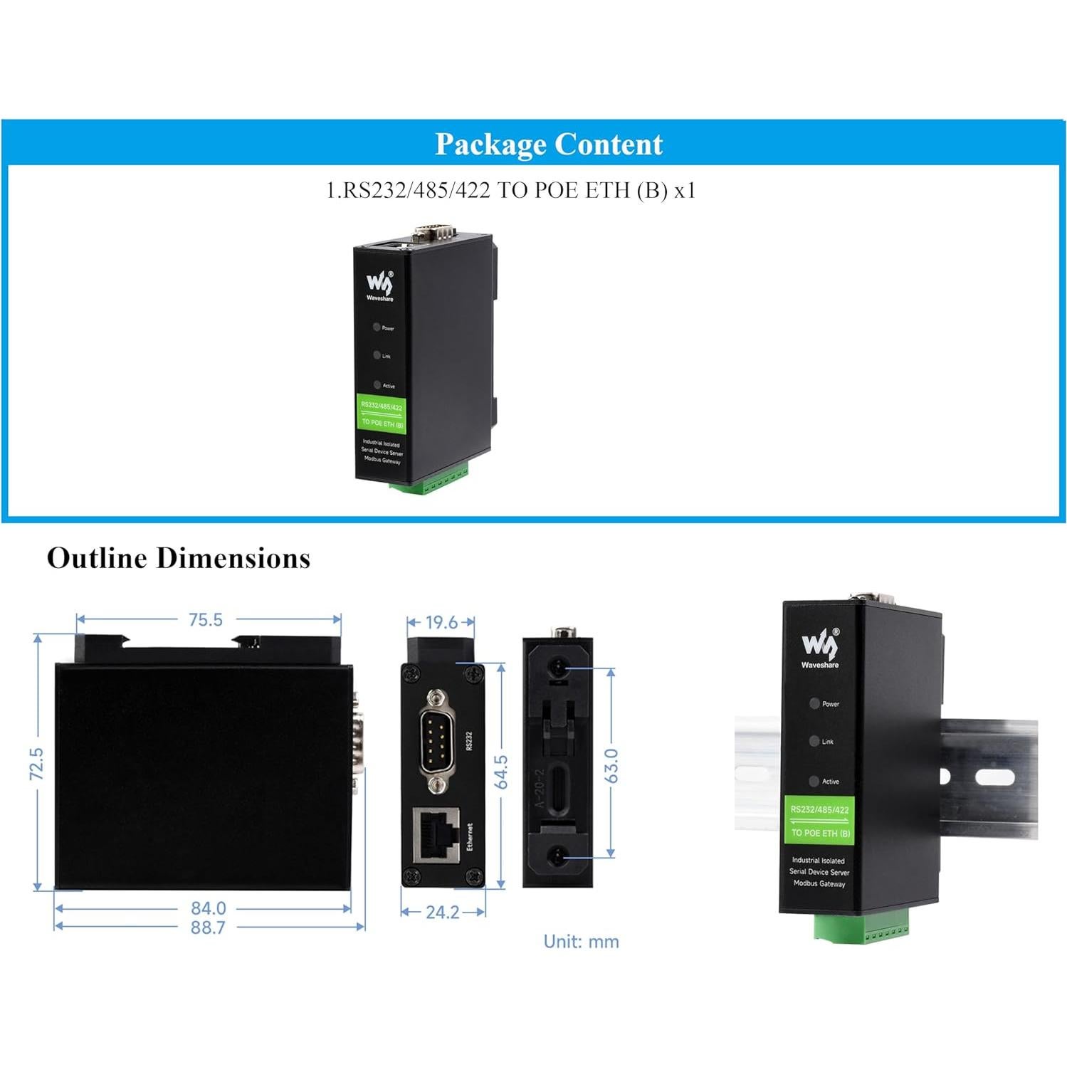 Convertidor RS232/485/422 a RJ45 UeeKKoo POE Industrial