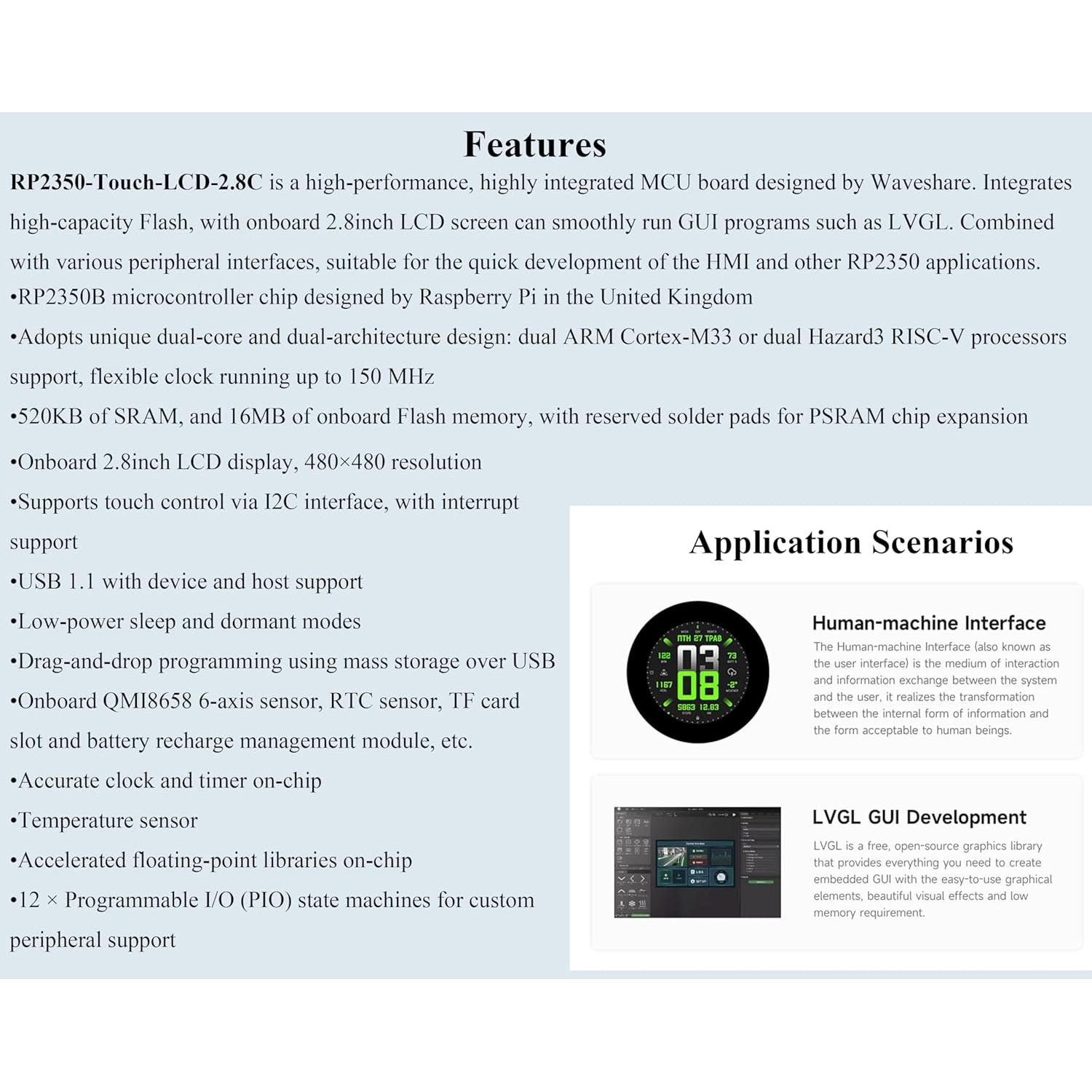 Placa de Desarrollo RP2350B con Pantalla Táctil 2.8" LCD