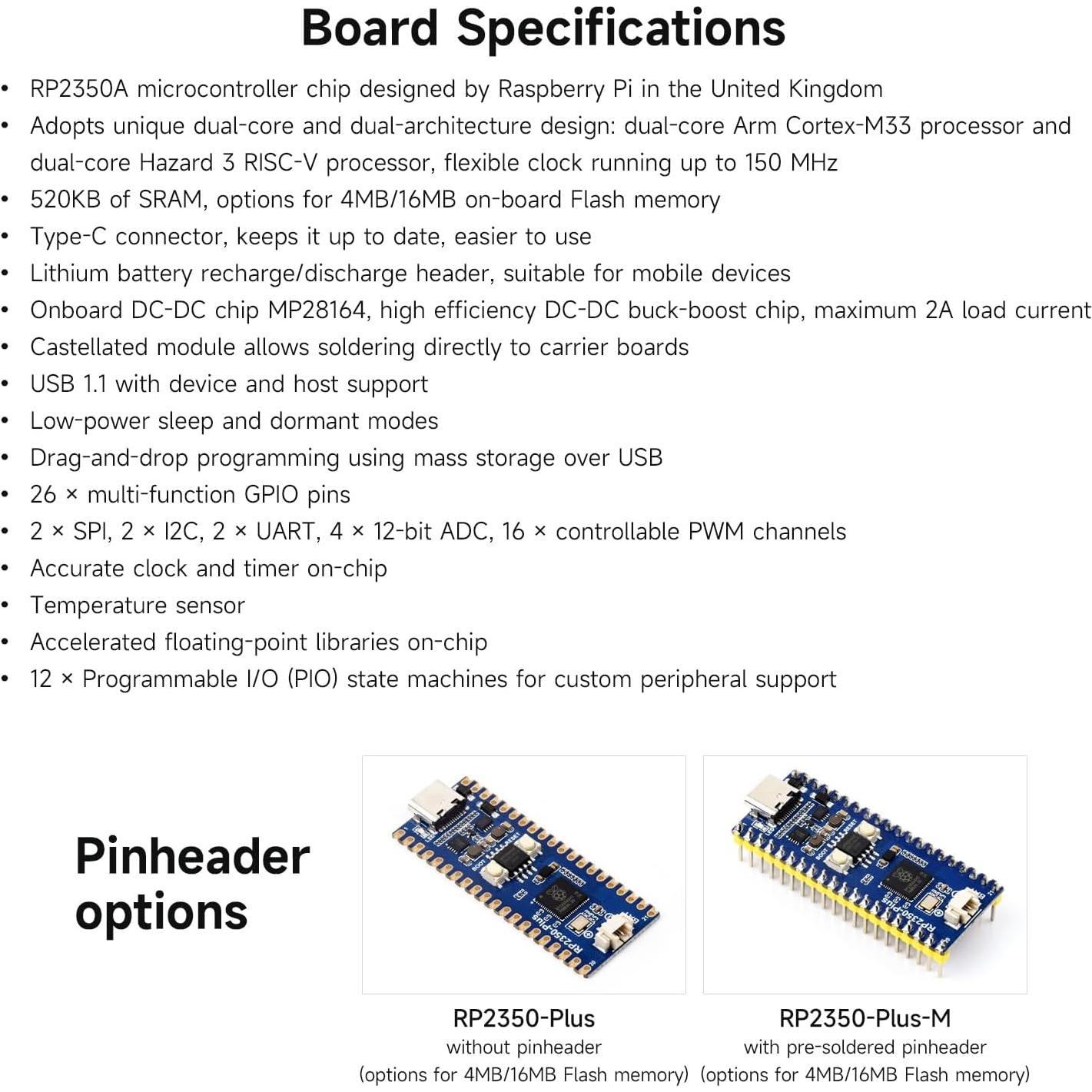 Placa de Desarrollo Waveshare RP2350-Plus 16MB Doble Núcleo