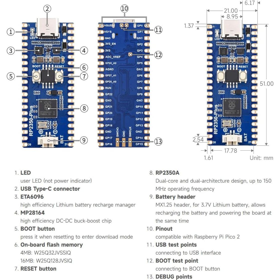 Placa de Desarrollo Waveshare RP2350-Plus 16MB Doble Núcleo