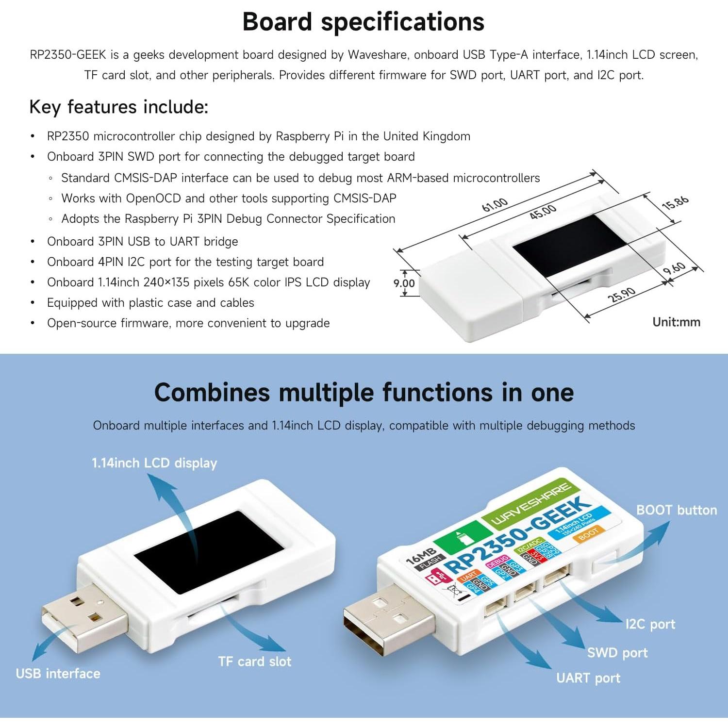 Placa de Desarrollo Waveshare RP2350-GEEK con Pantalla LCD 1.14"