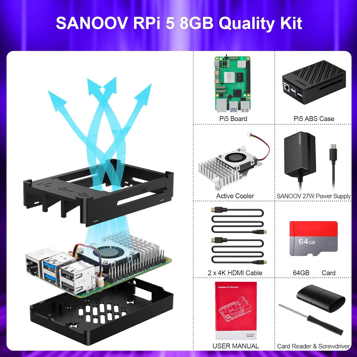 Kit Raspberry Pi 5 8GB SANOOV con Enfriador y Fuente 27W