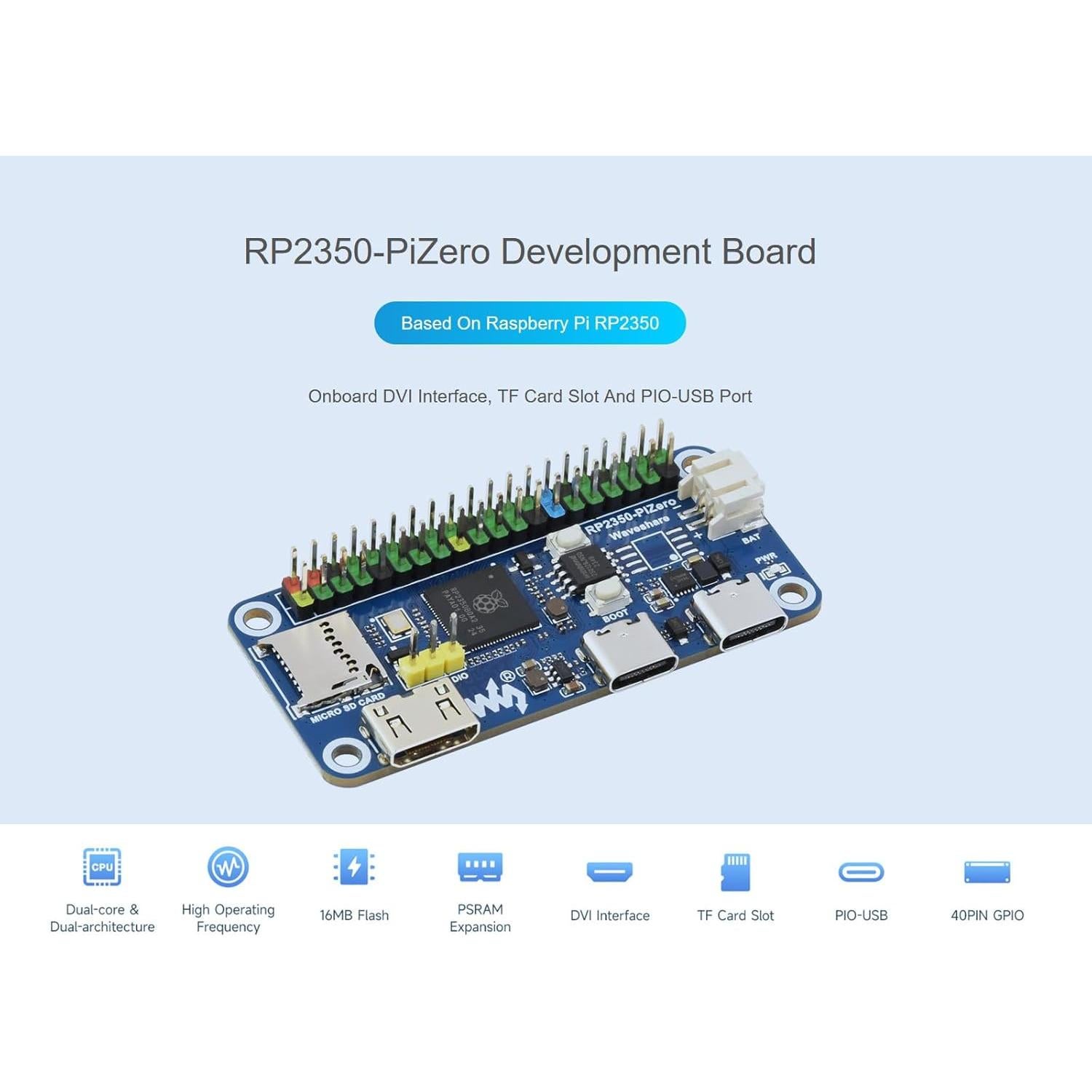 Placa de Desarrollo Waveshare RP2350-PiZero DVI USB 16MB