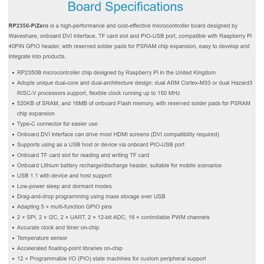 Placa de Desarrollo Waveshare RP2350-PiZero DVI USB 16MB