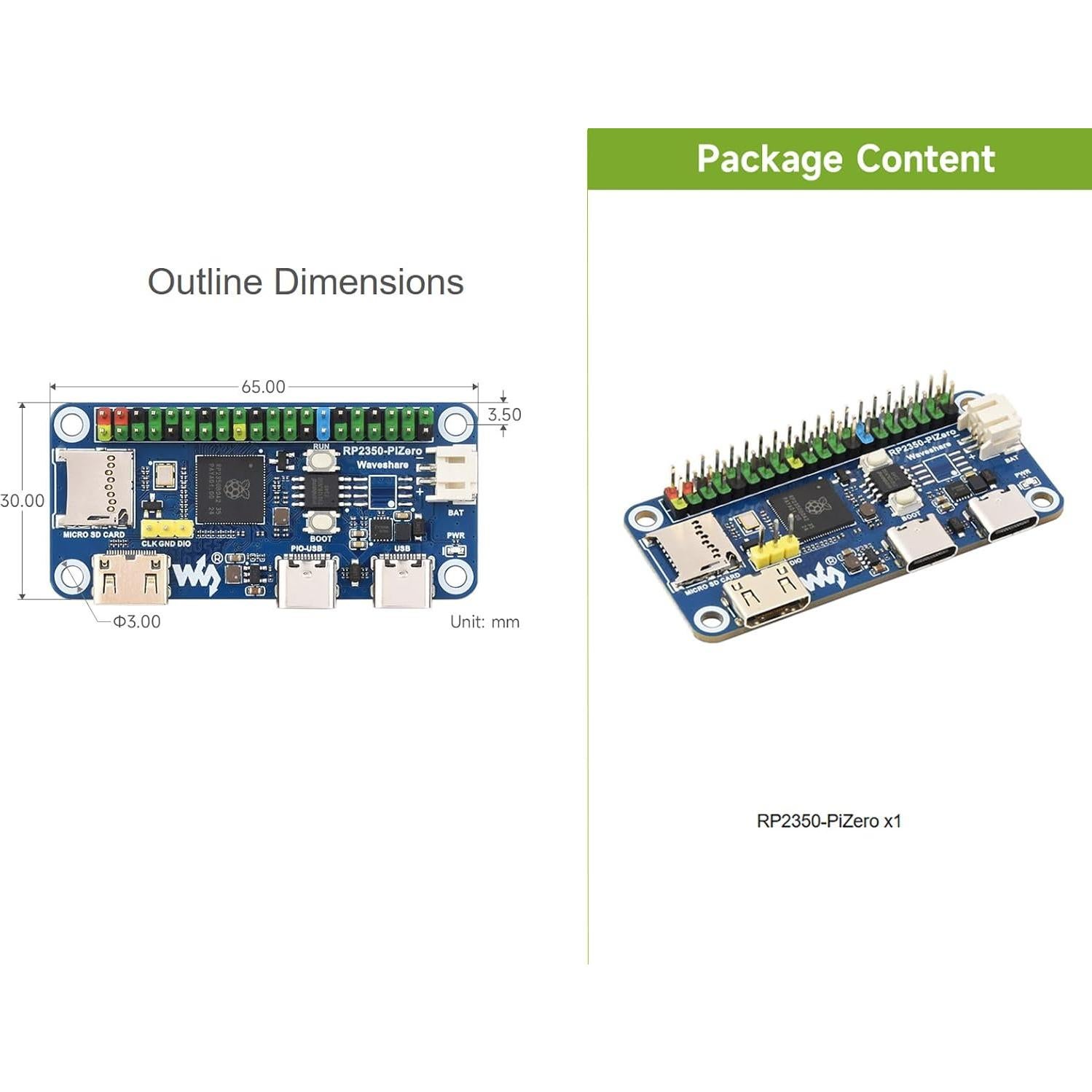 Placa de Desarrollo Waveshare RP2350-PiZero DVI USB 16MB