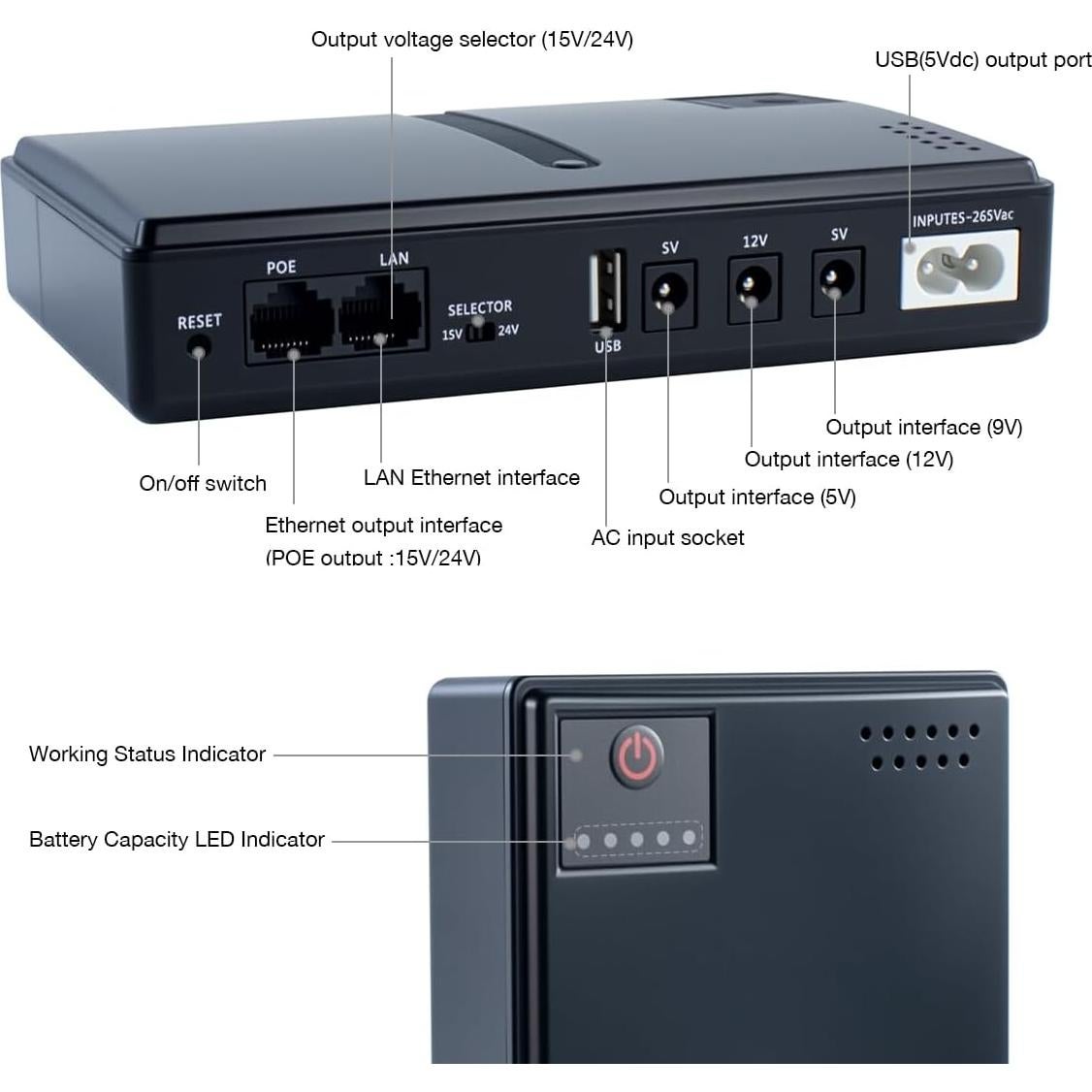 Mini UPS DC Batería de Respaldo 5V/9V/12V/15V/24V Hosyond