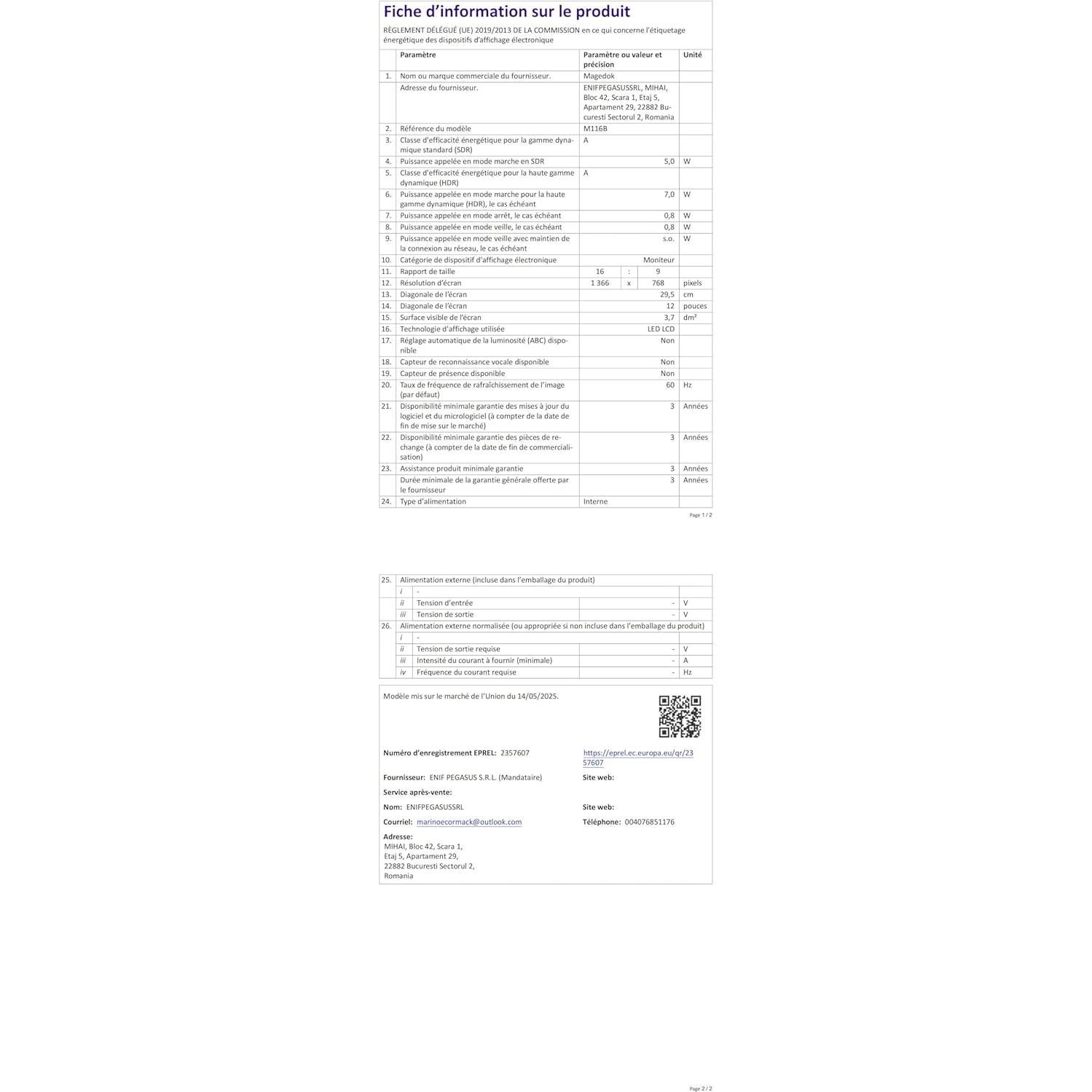 Monitor Portátil Magedok 11.6" HDMI 1366x768 IPS USB-C