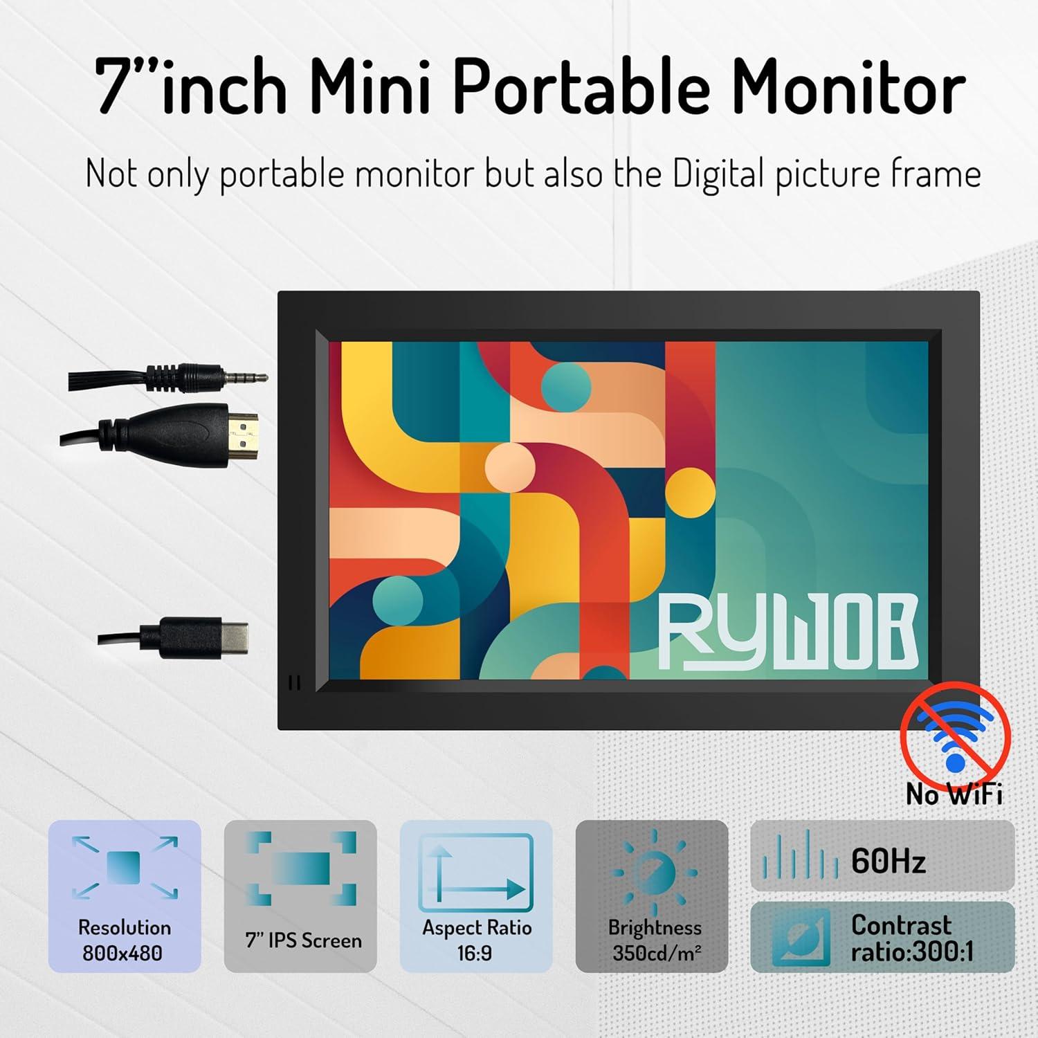 Monitor Portátil 7" Rywob P16-1 HDMI USB AV Altavoces