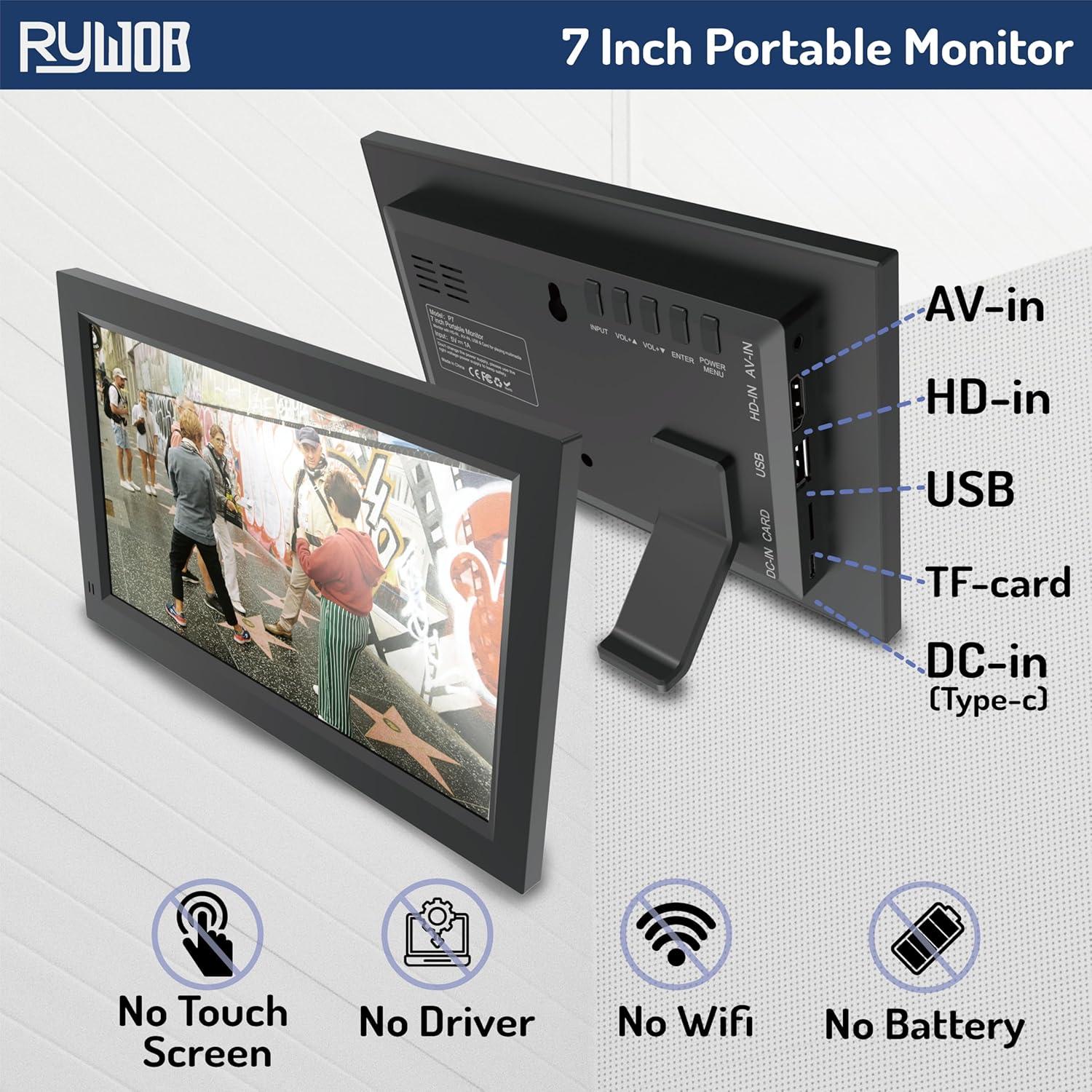 Monitor Portátil 7" Rywob P16-1 HDMI USB AV Altavoces