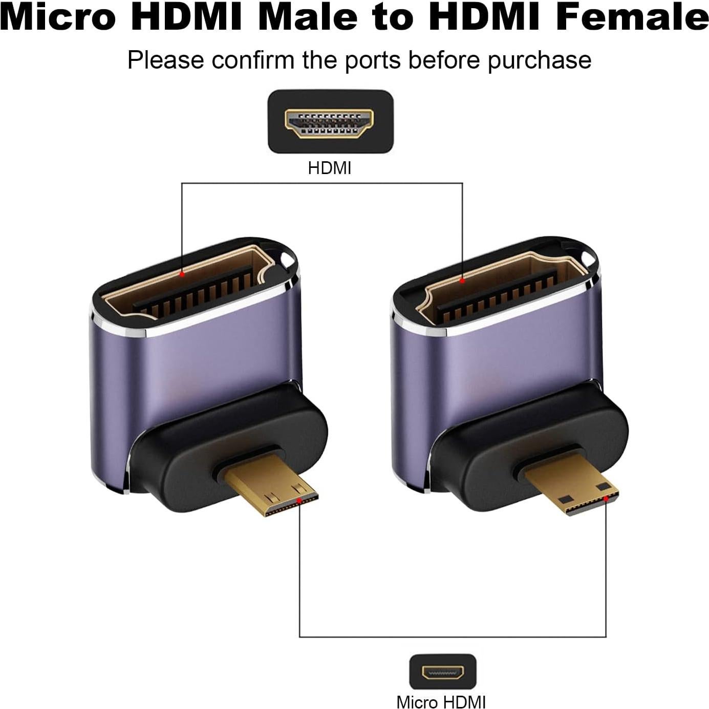 AreMe 8K Micro HDMI to HDMI Adapter (2 Pack), Up and Down 90 Degree Right Angle Micro HDMI Converter Connector for Sony A6000, Raspberry Pi 4, GoPro Hero 7 and Other Sport Camera