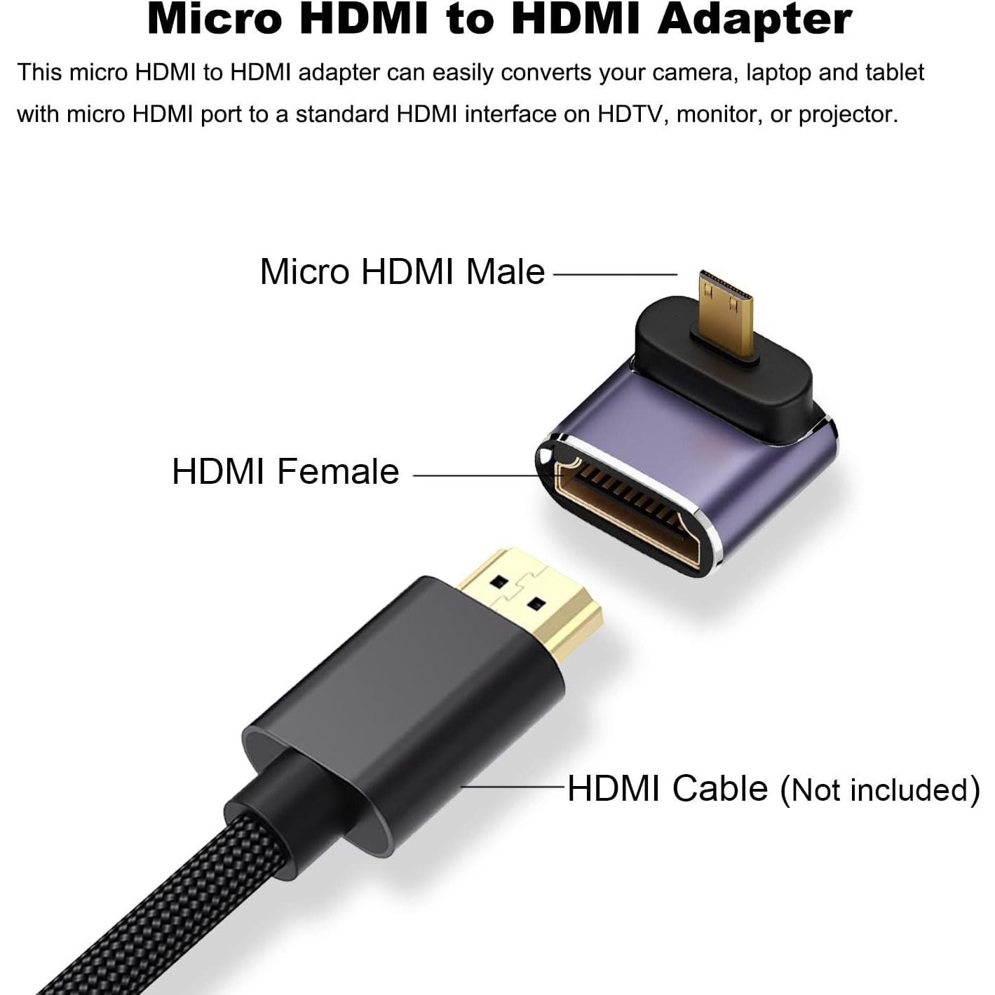 AreMe 8K Micro HDMI to HDMI Adapter (2 Pack), Up and Down 90 Degree Right Angle Micro HDMI Converter Connector for Sony A6000, Raspberry Pi 4, GoPro Hero 7 and Other Sport Camera