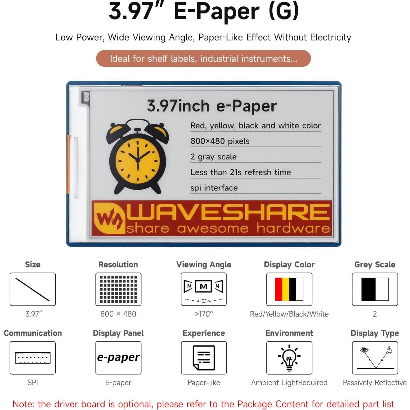 Pantalla E-Paper Waveshare 3.97" 800x480 Rojo/Amarillo/Negro/Blanco