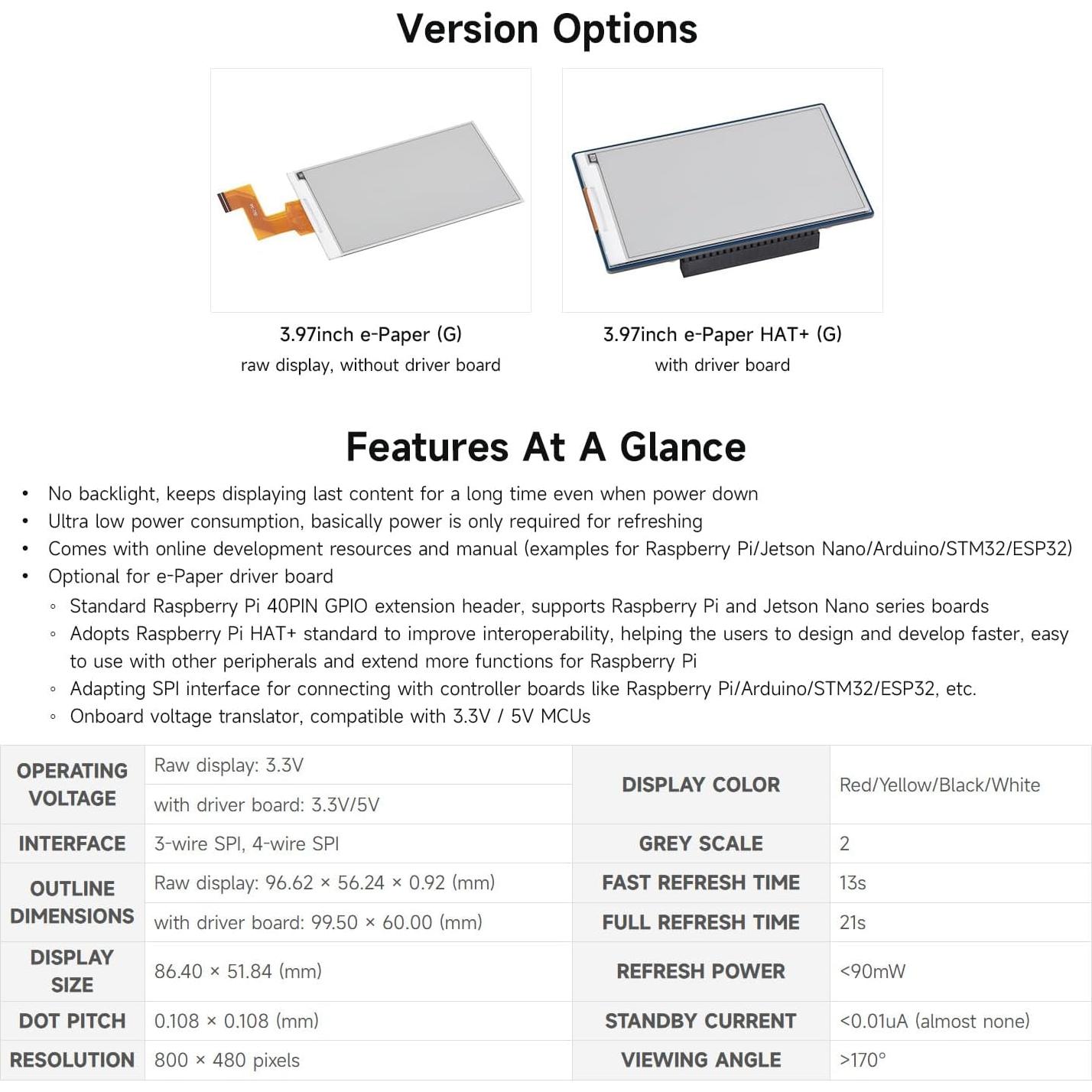 Pantalla E-Paper Waveshare 3.97" 800x480 Rojo/Amarillo/Negro/Blanco