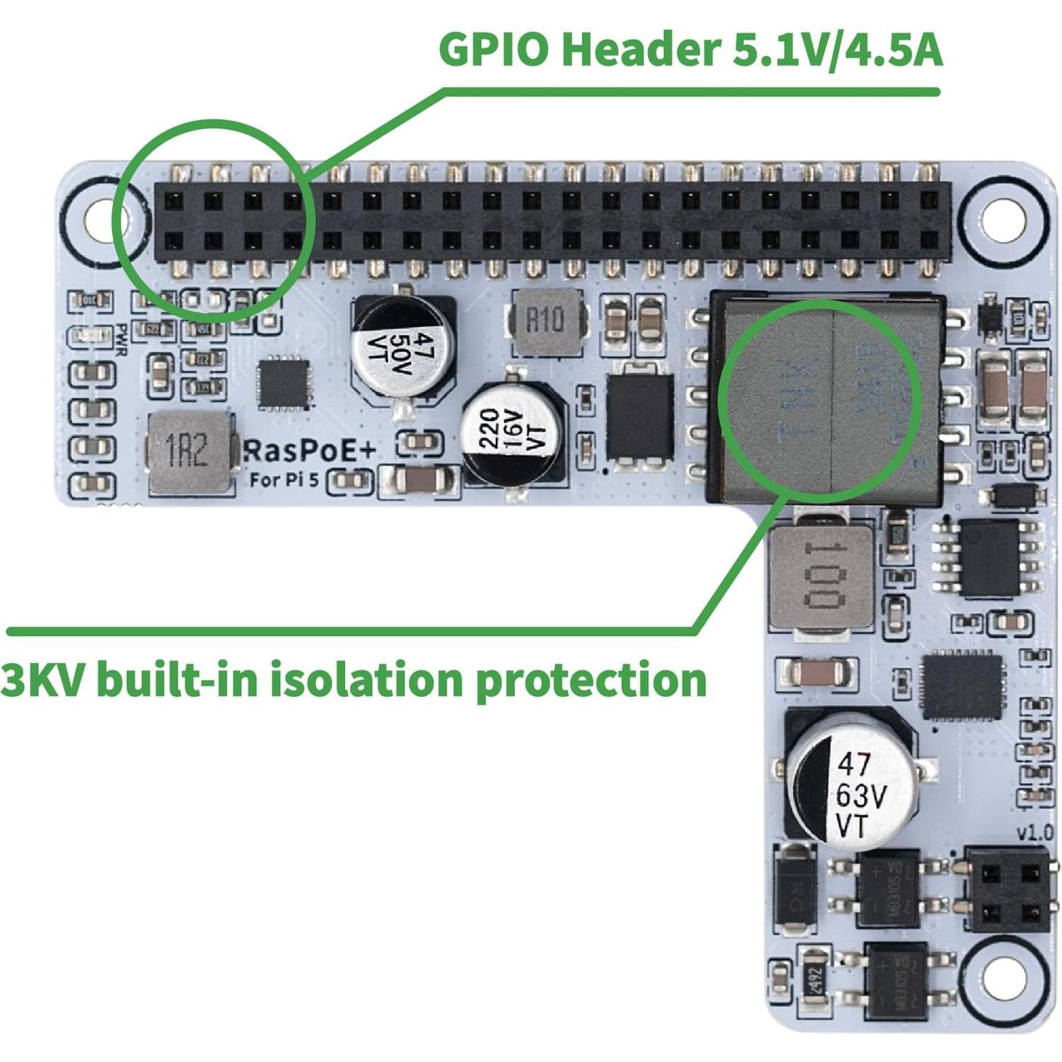 Placa de Expansión PoE+ obogom para Raspberry Pi 5 5.1V 4.5A