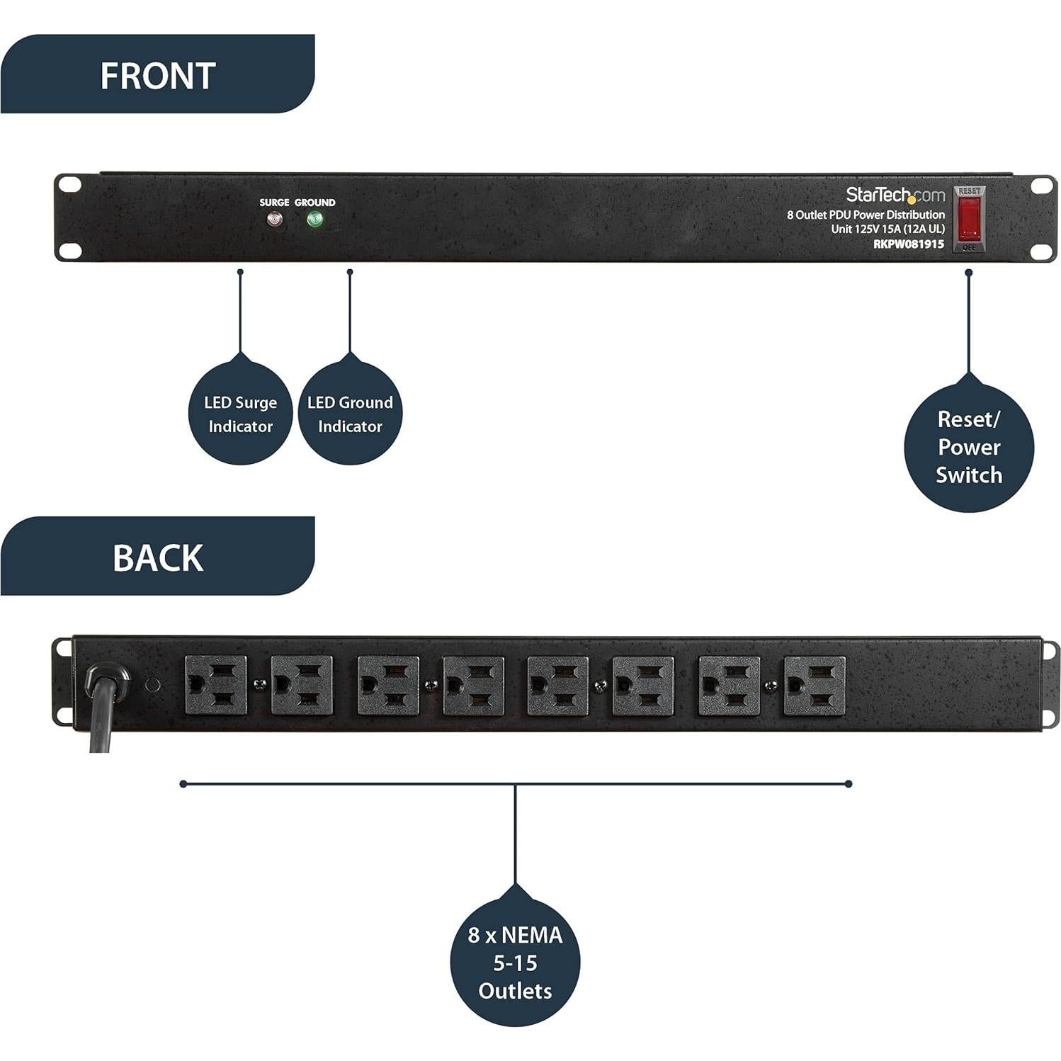Tira de Alimentación PDU StarTech 8 Salidas 1U Rack 120V 15A