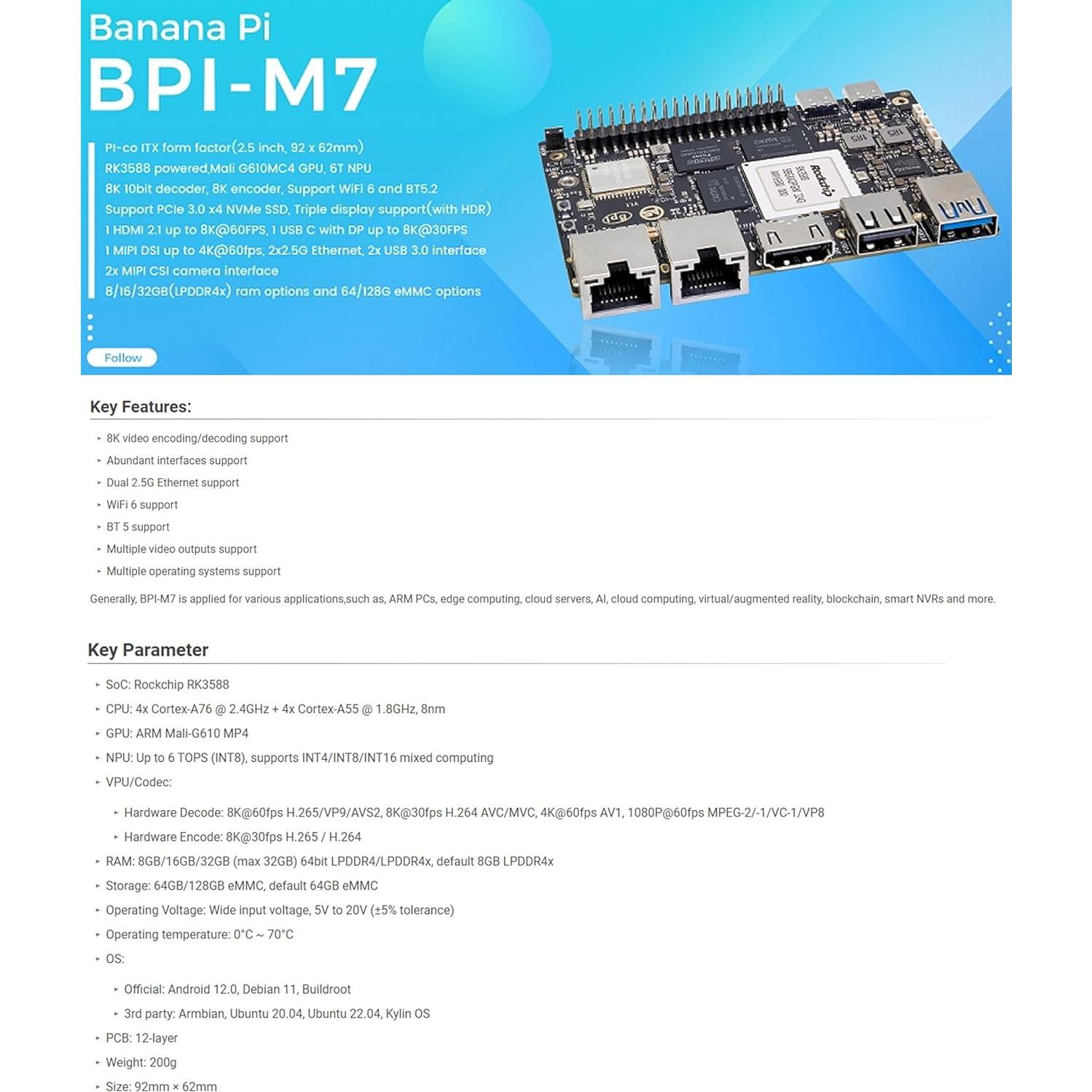 Banana Pi BPI-M7 LPDDR4x 16GB Computadora Placa Única
