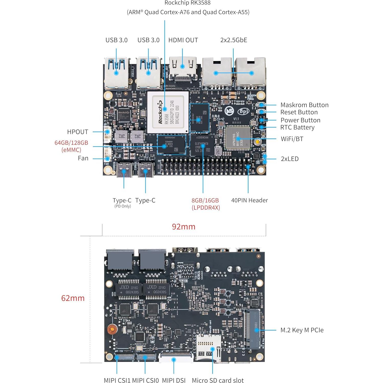 Banana Pi BPI-M7 LPDDR4x 16GB Computadora Placa Única