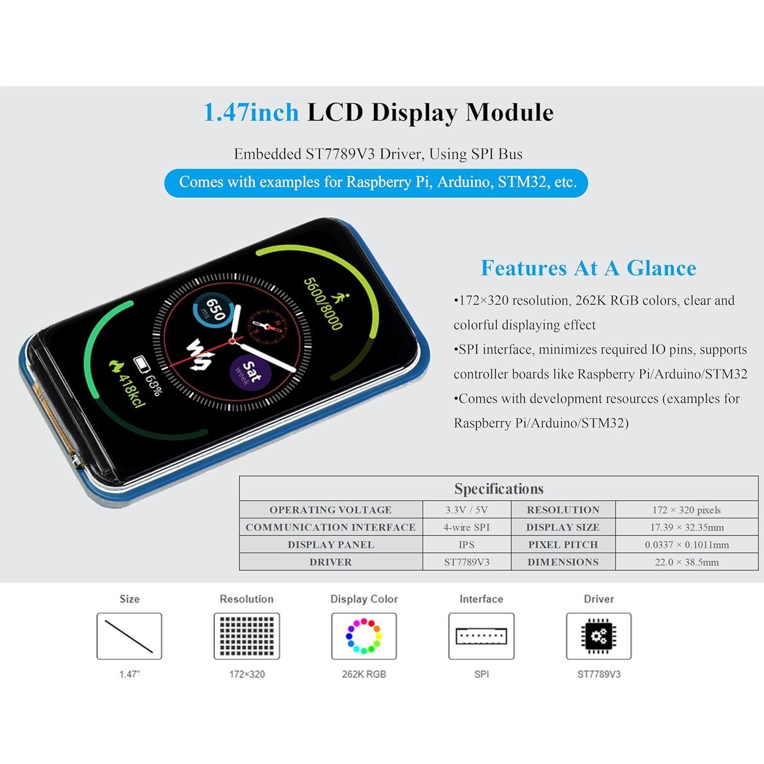 Módulo Pantalla LCD 1.47" UeeKKoo 172x320 IPS SPI