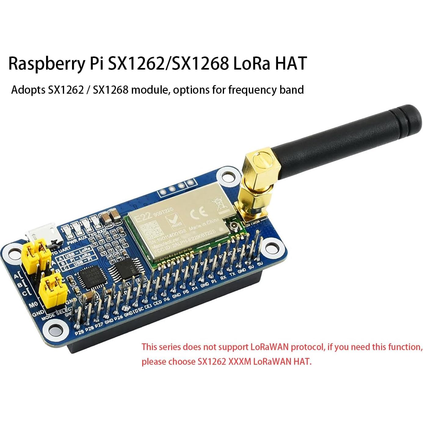 SX1262 LoRa HAT para Raspberry Pi 915MHz 5km Transmisión