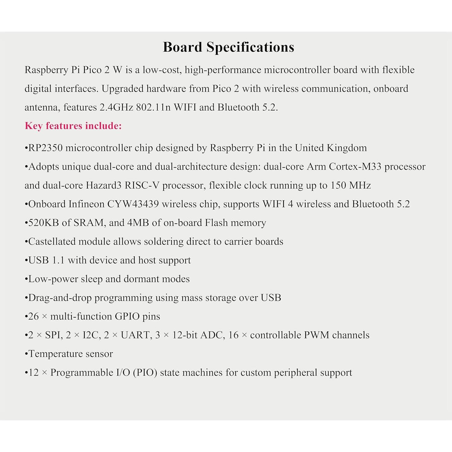 Placa Microcontrolador UeeKKoo RPi Pico 2 W 2.4GHz WIFI4 Bluetooth 5.2