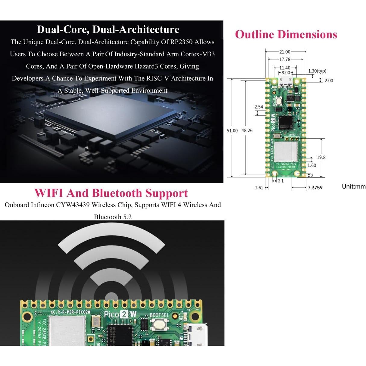 Placa Microcontrolador UeeKKoo RPi Pico 2 W 2.4GHz WIFI4 Bluetooth 5.2