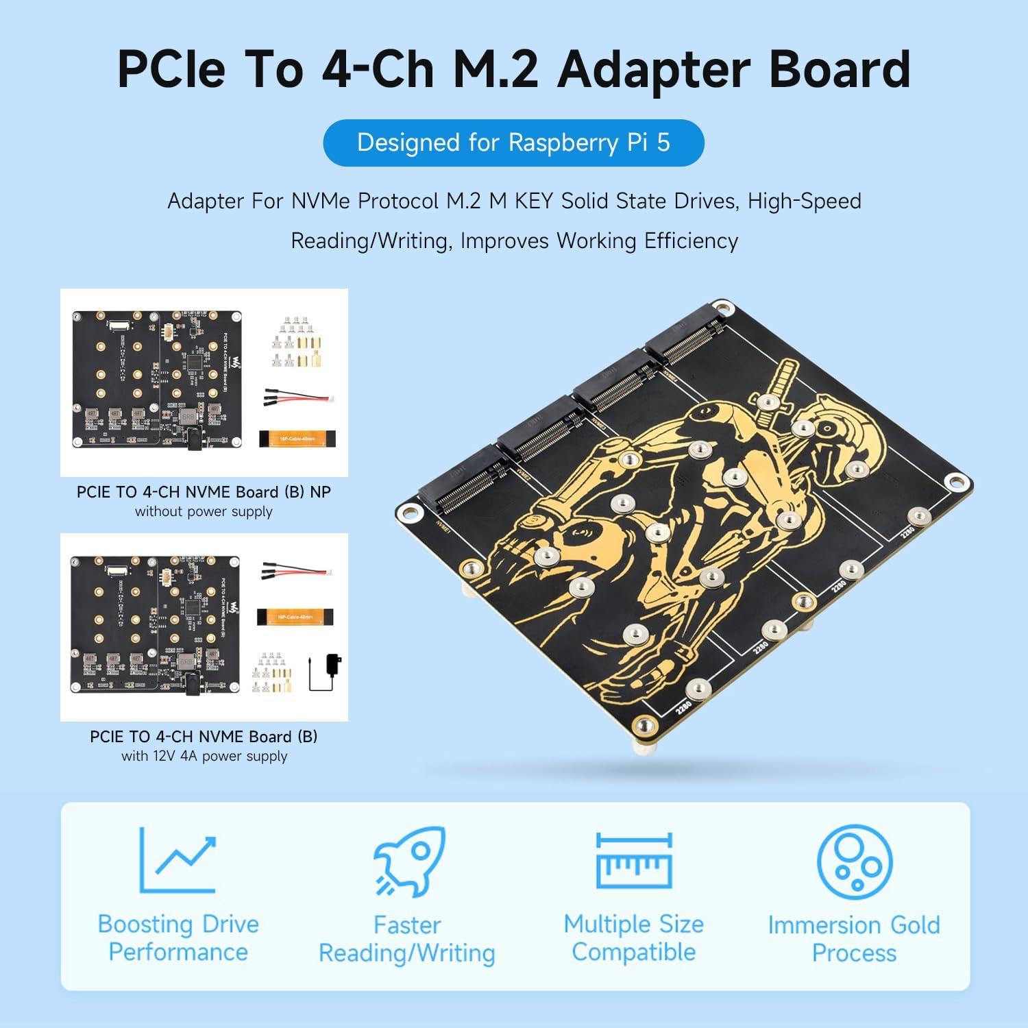 Adaptador PCIe a 4-Ch M.2 Waveshare para Raspberry Pi 5