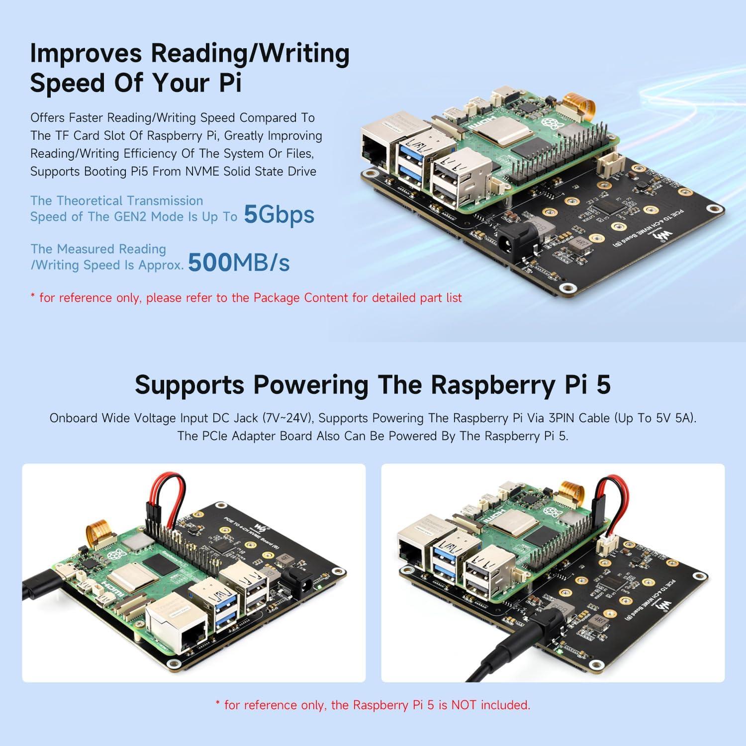 Adaptador PCIe a 4-Ch M.2 Waveshare para Raspberry Pi 5