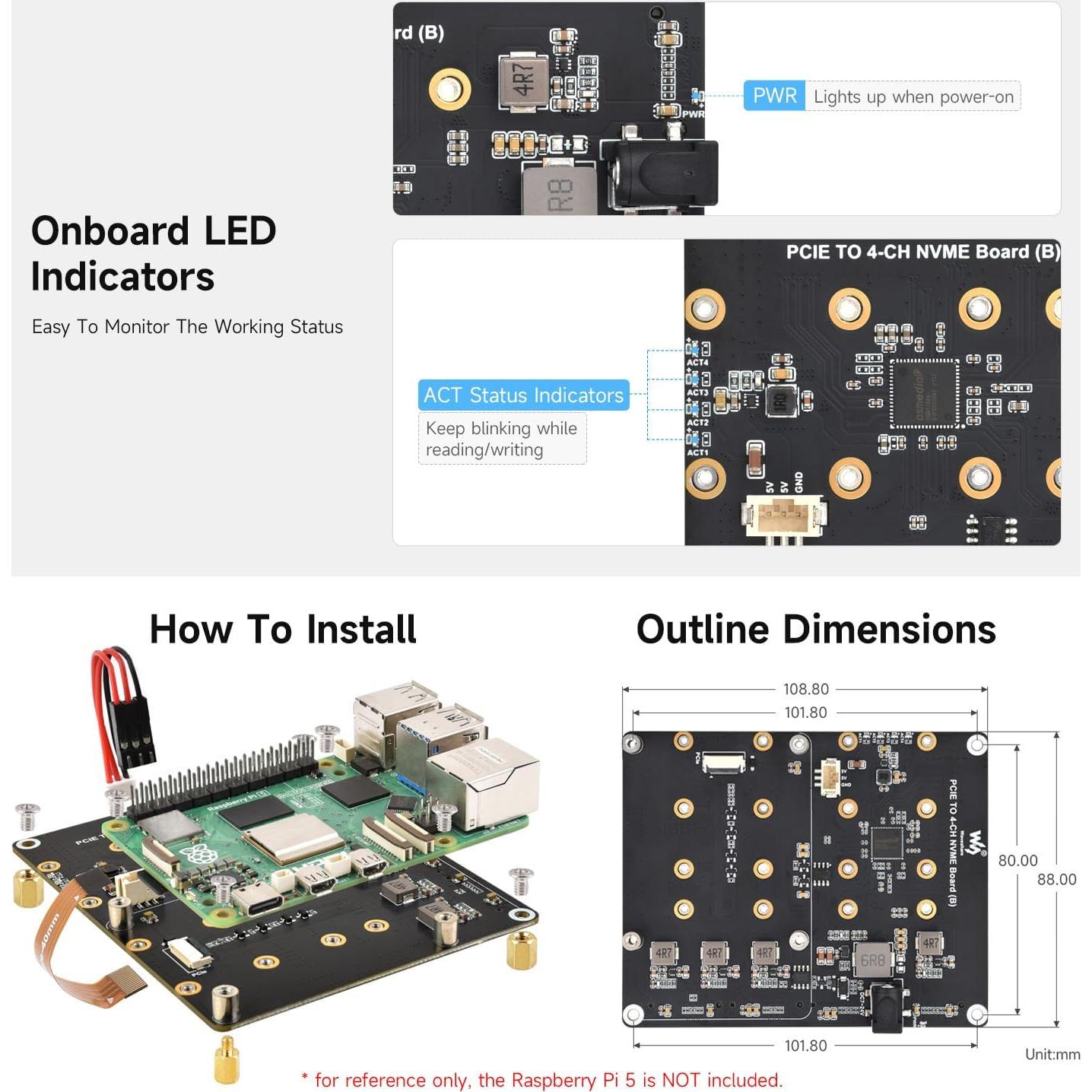 Adaptador PCIe a 4-Ch M.2 Waveshare para Raspberry Pi 5