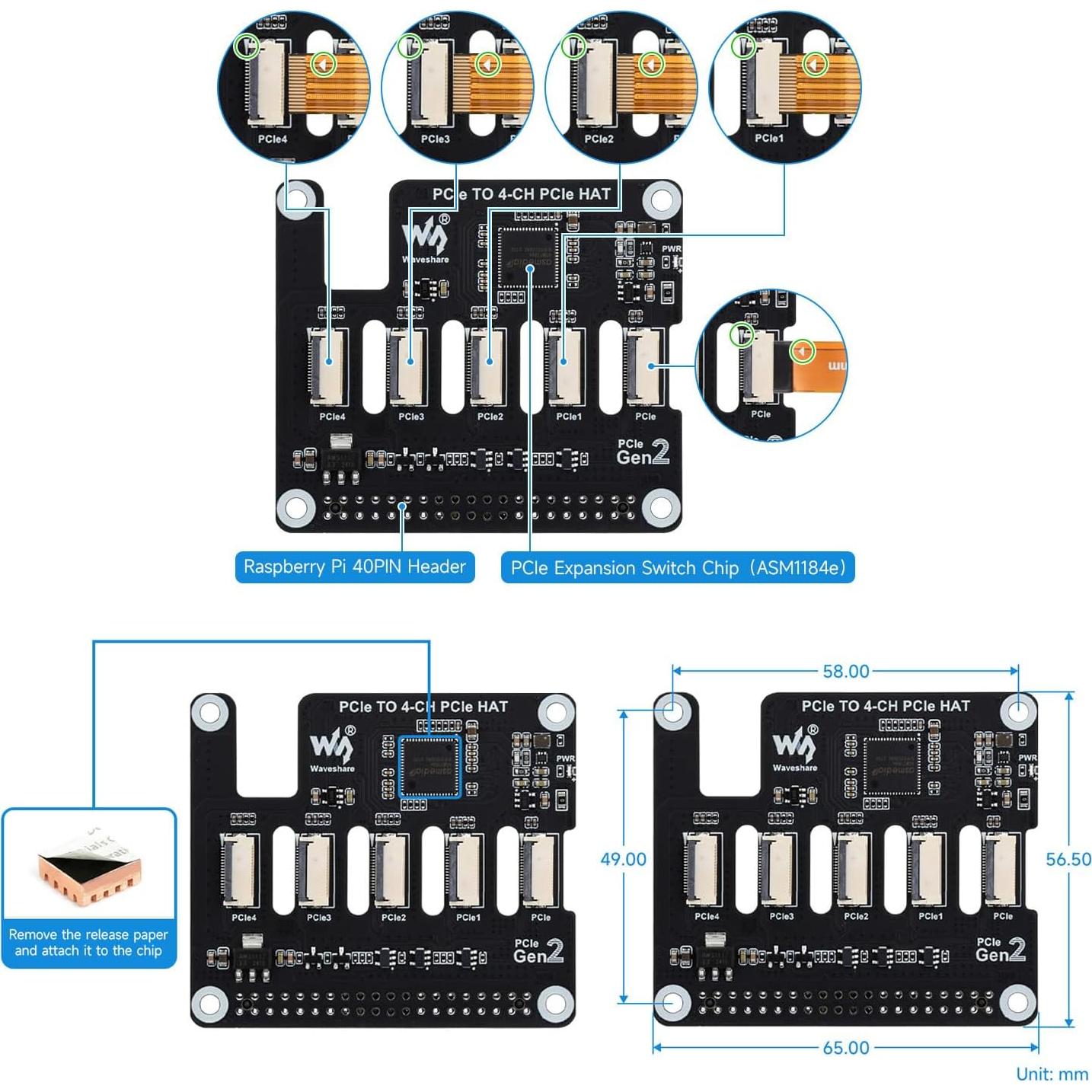 Placa de Expansión PCIe 4 Canales Waveshare para Raspberry Pi 5