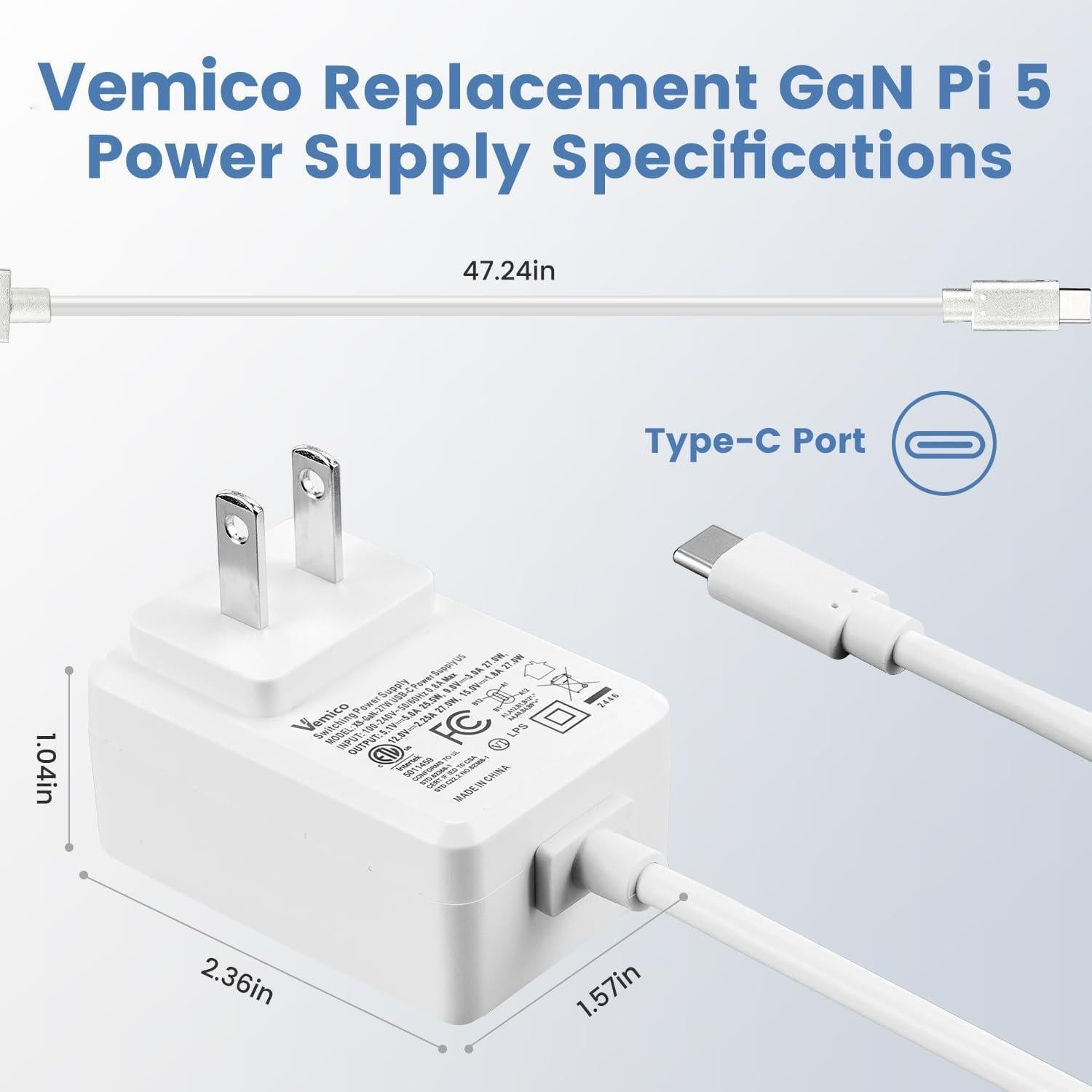 Fuente de Poder USB-C 27W para Raspberry Pi 5 5.1V 5A