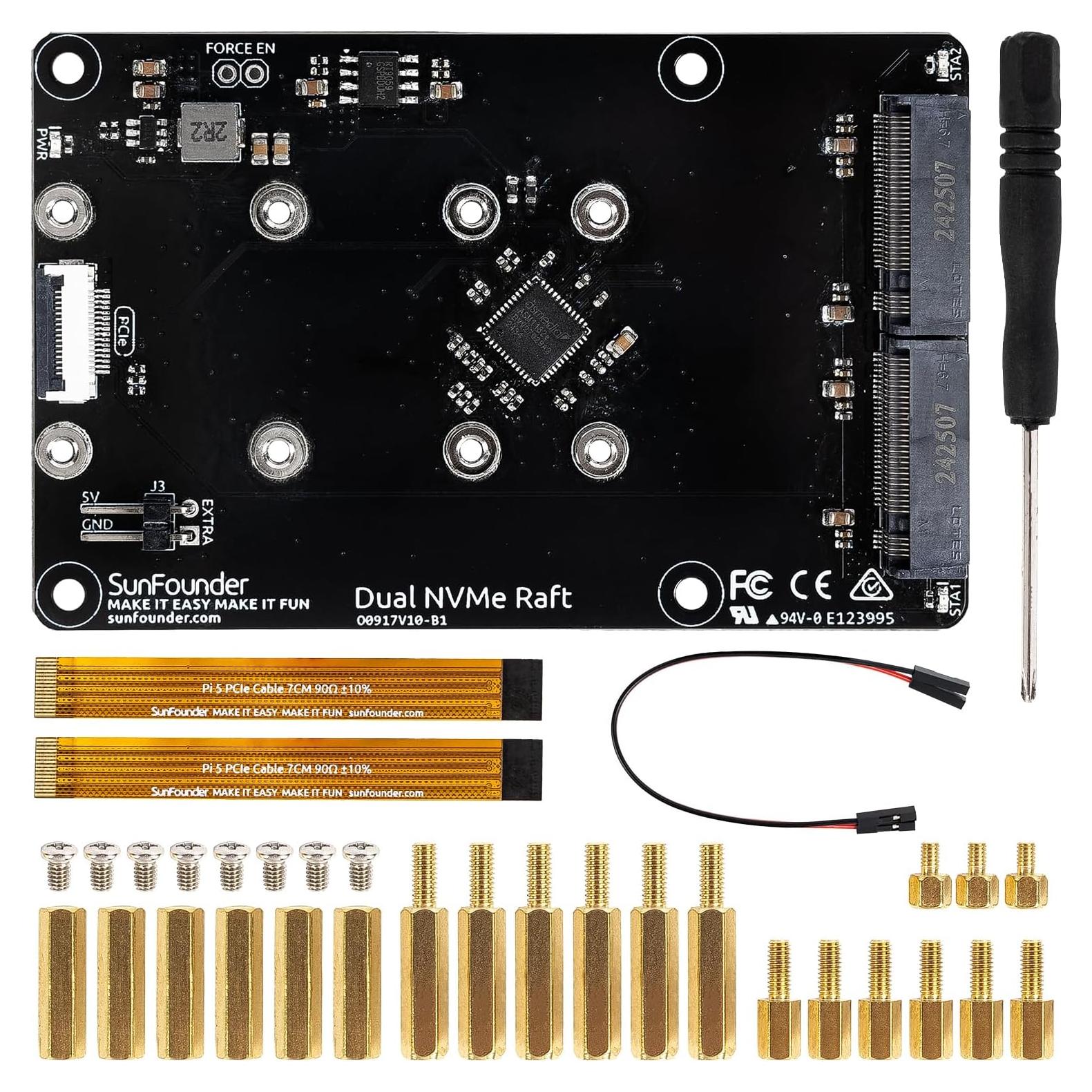 Raft Dual NVMe SunFounder para Raspberry Pi 5 M.2 HAT SSD