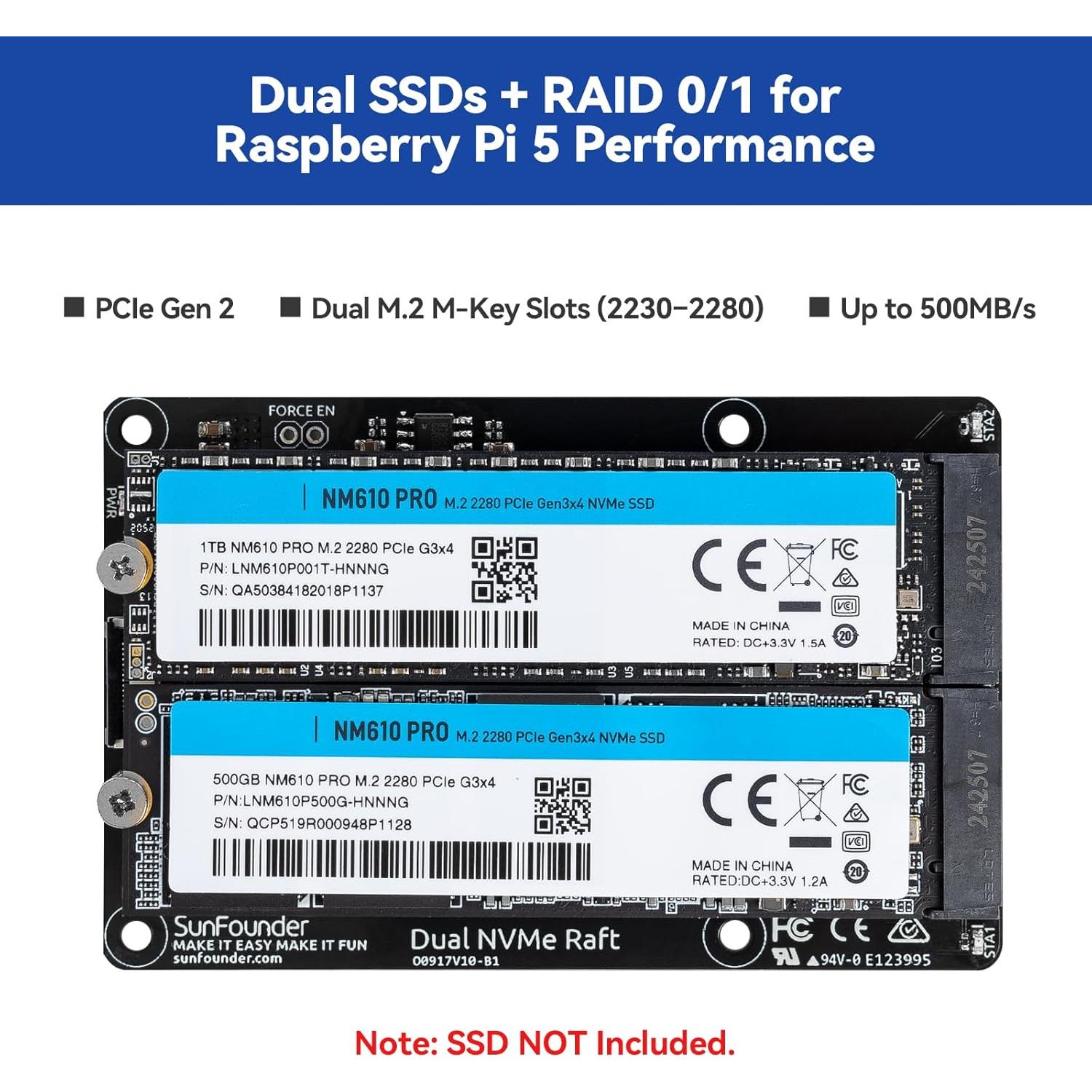 Raft Dual NVMe SunFounder para Raspberry Pi 5 M.2 HAT SSD