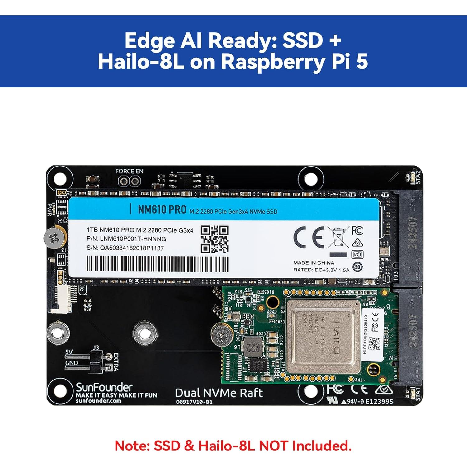 Raft Dual NVMe SunFounder para Raspberry Pi 5 M.2 HAT SSD