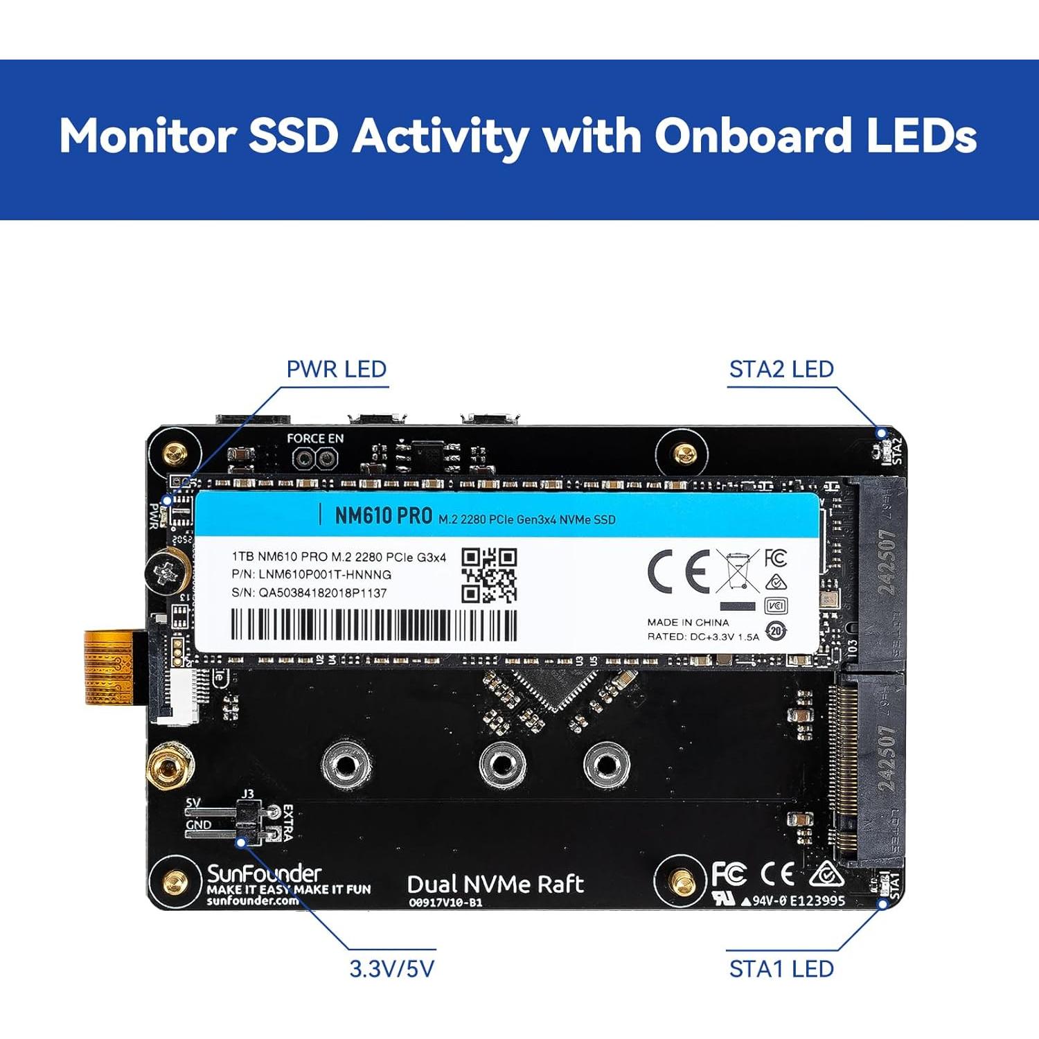 Raft Dual NVMe SunFounder para Raspberry Pi 5 M.2 HAT SSD