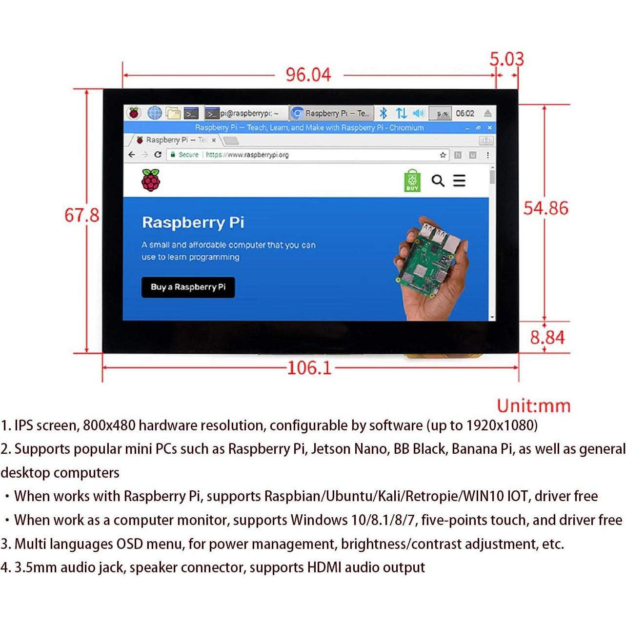 Pantalla Táctil Capacitiva 4.3" HDMI Waveshare 800x480 IPS