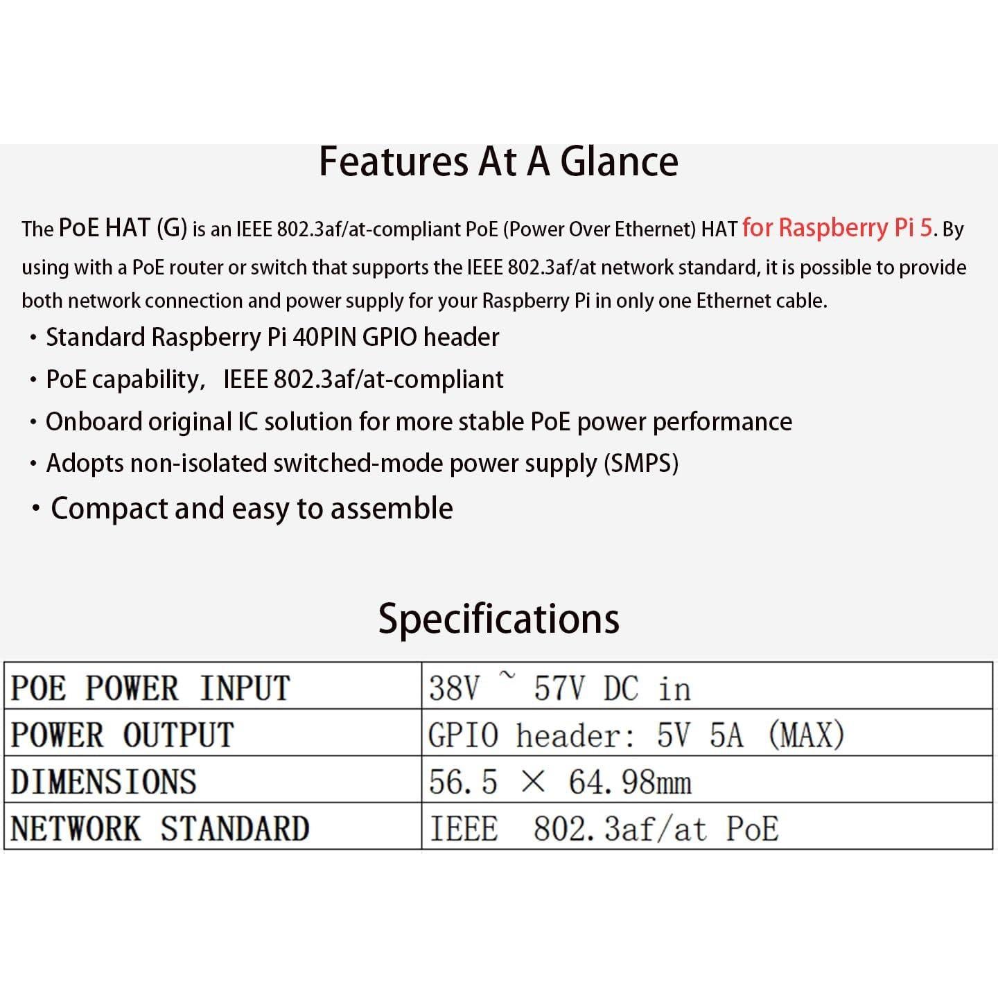 PoE HAT UeeKKoo para Raspberry Pi 5 - 5V 5A 25W, IEEE 802.3af/at