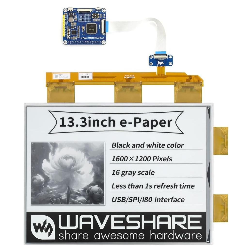 Pantalla E-Paper 13.3" Waveshare 1600x1200 USB/SPI para Raspberry Pi