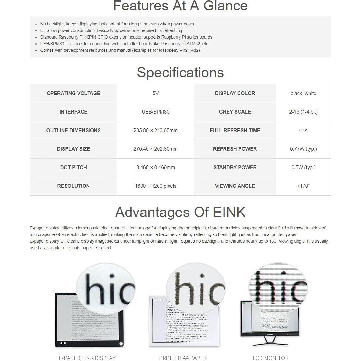 Pantalla E-Paper 13.3" Waveshare 1600x1200 USB/SPI para Raspberry Pi