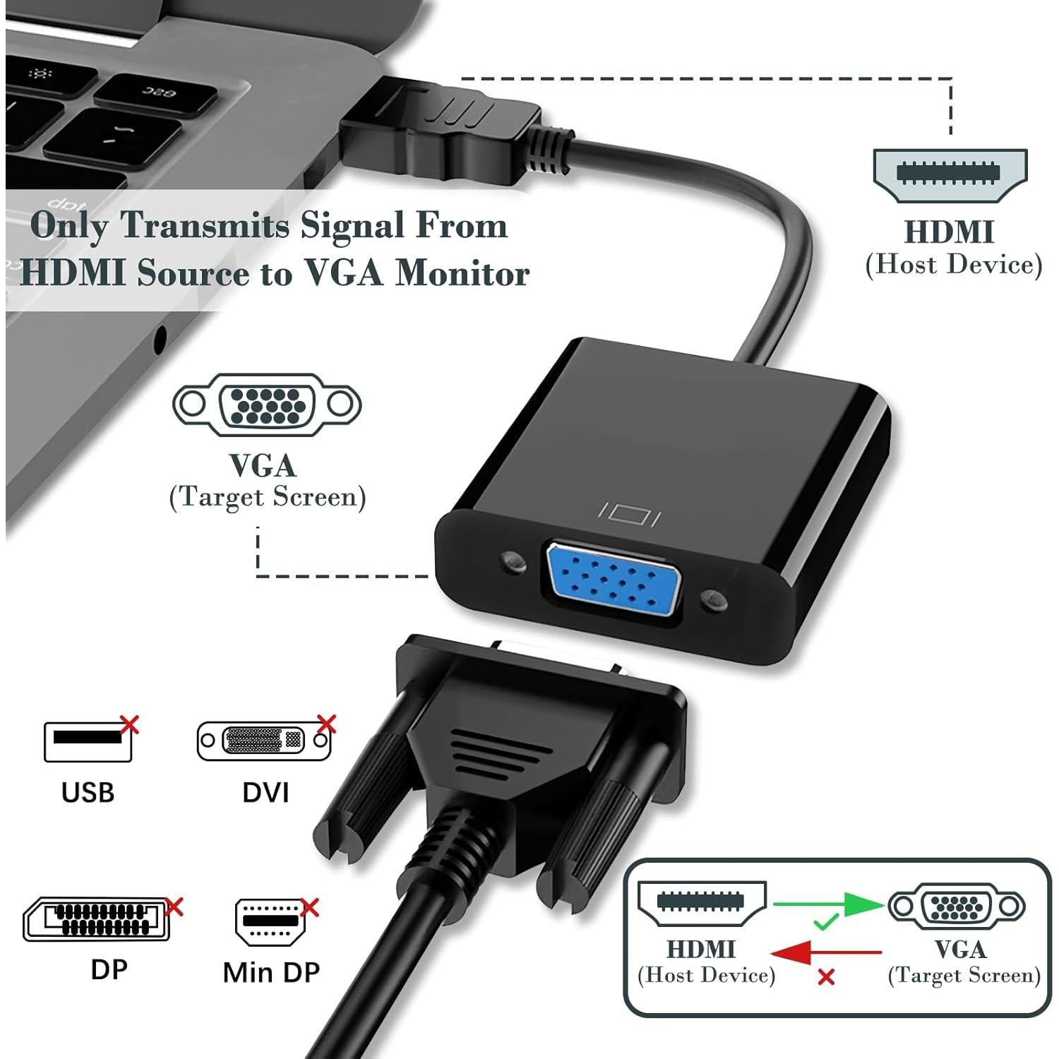 Adaptador HDMI a VGA Meliya 20cm 1080P para PC y Proyector