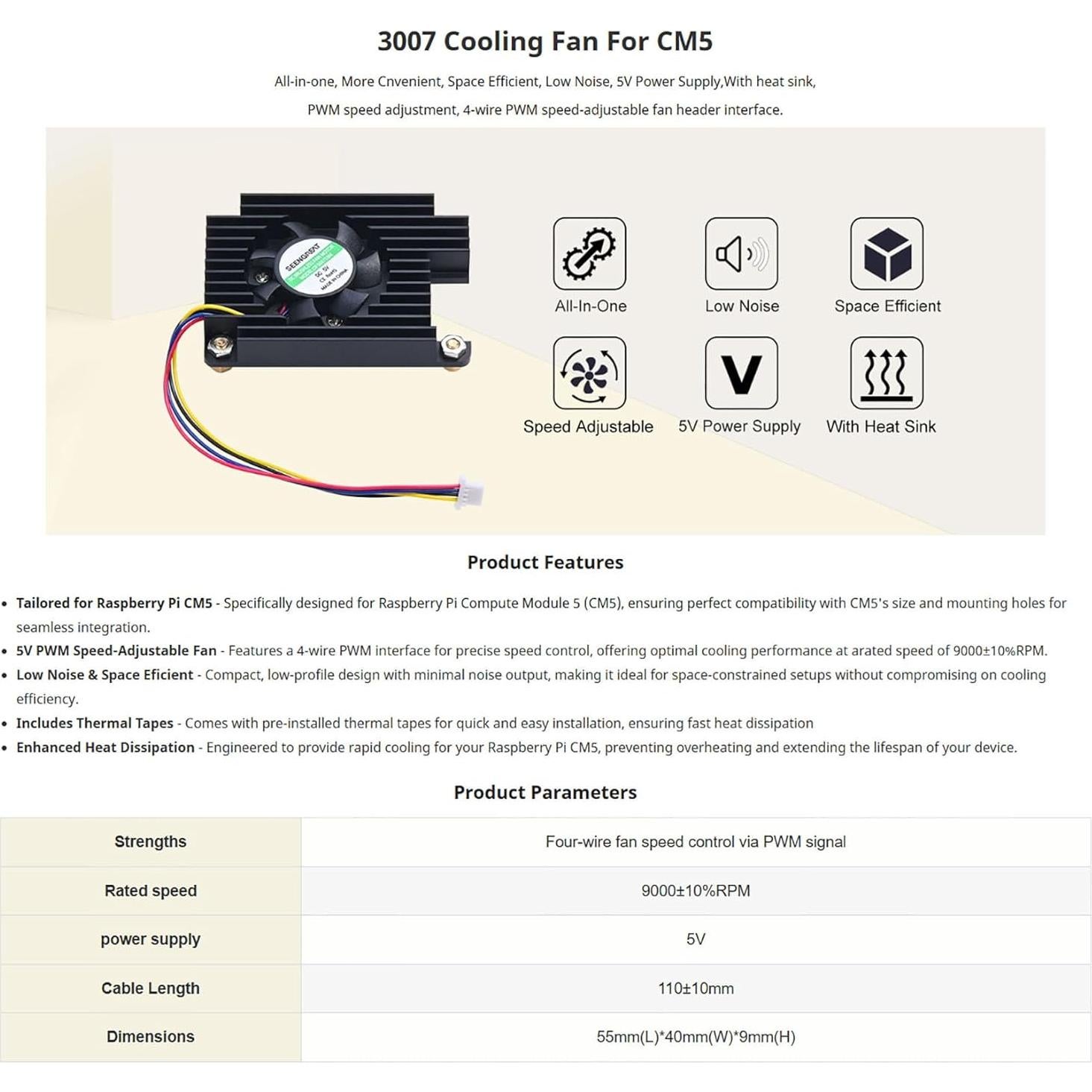 Ventilador 3007 LLidgermal para Raspberry Pi CM5 5V PWM Bajo Ruido