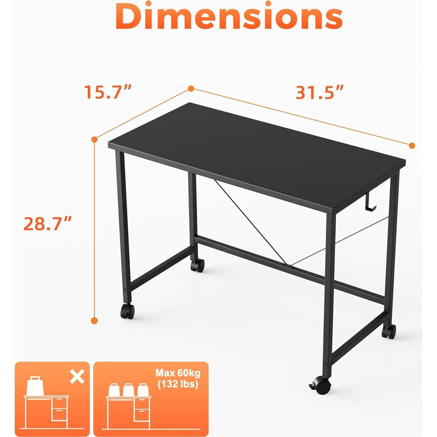 Escritorio Rodante Mericonia 81 cm Negro Moderno con Ruedas
