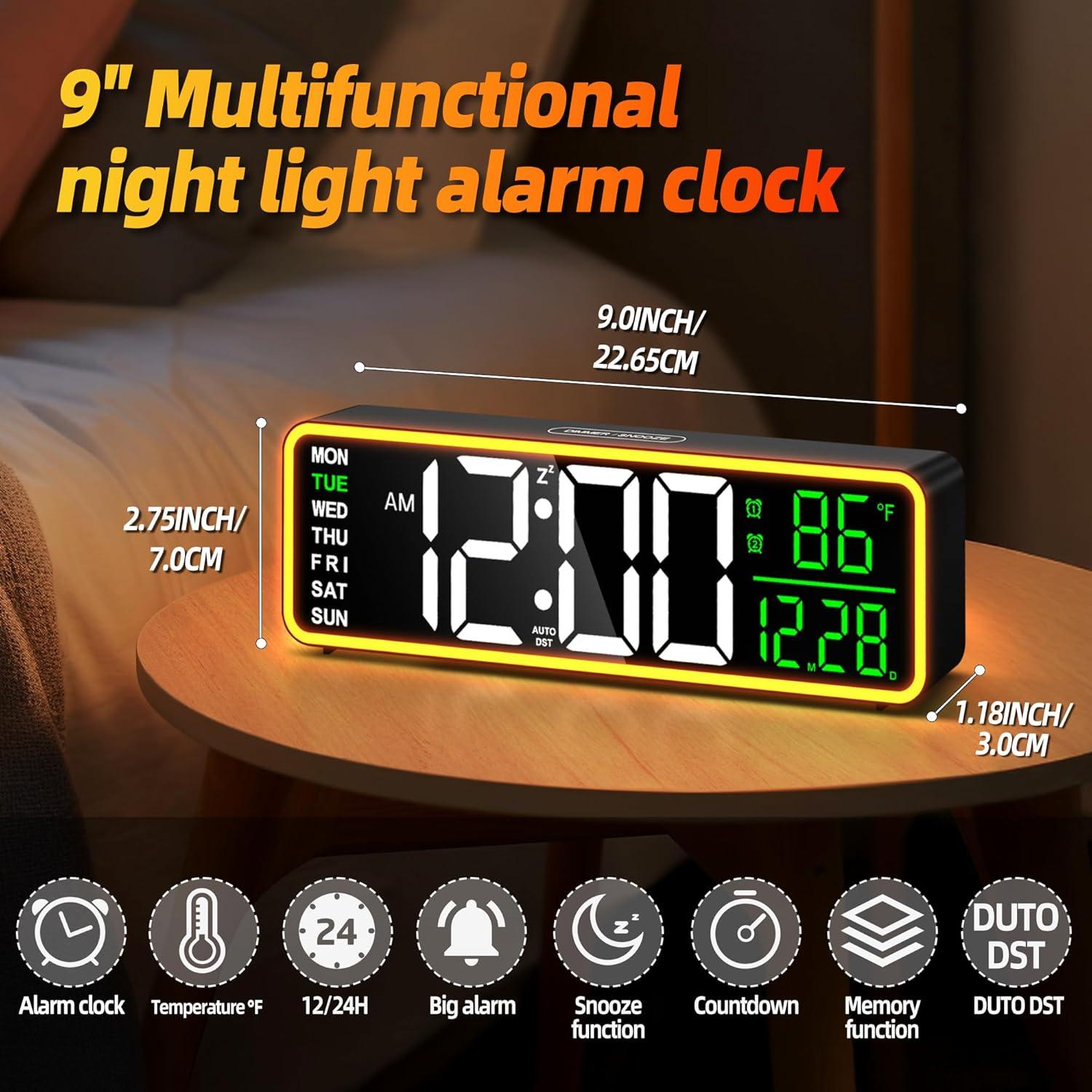 Reloj de Alarma Digital LEIKE 9" Pantalla LED Fuerte Negro