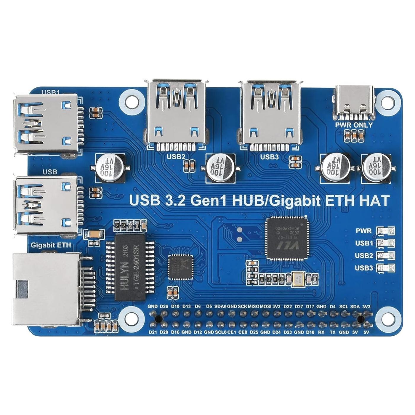 HUB HAT USB 3.2 Gen1 y Ethernet Gigabit Waveshare para Raspberry Pi