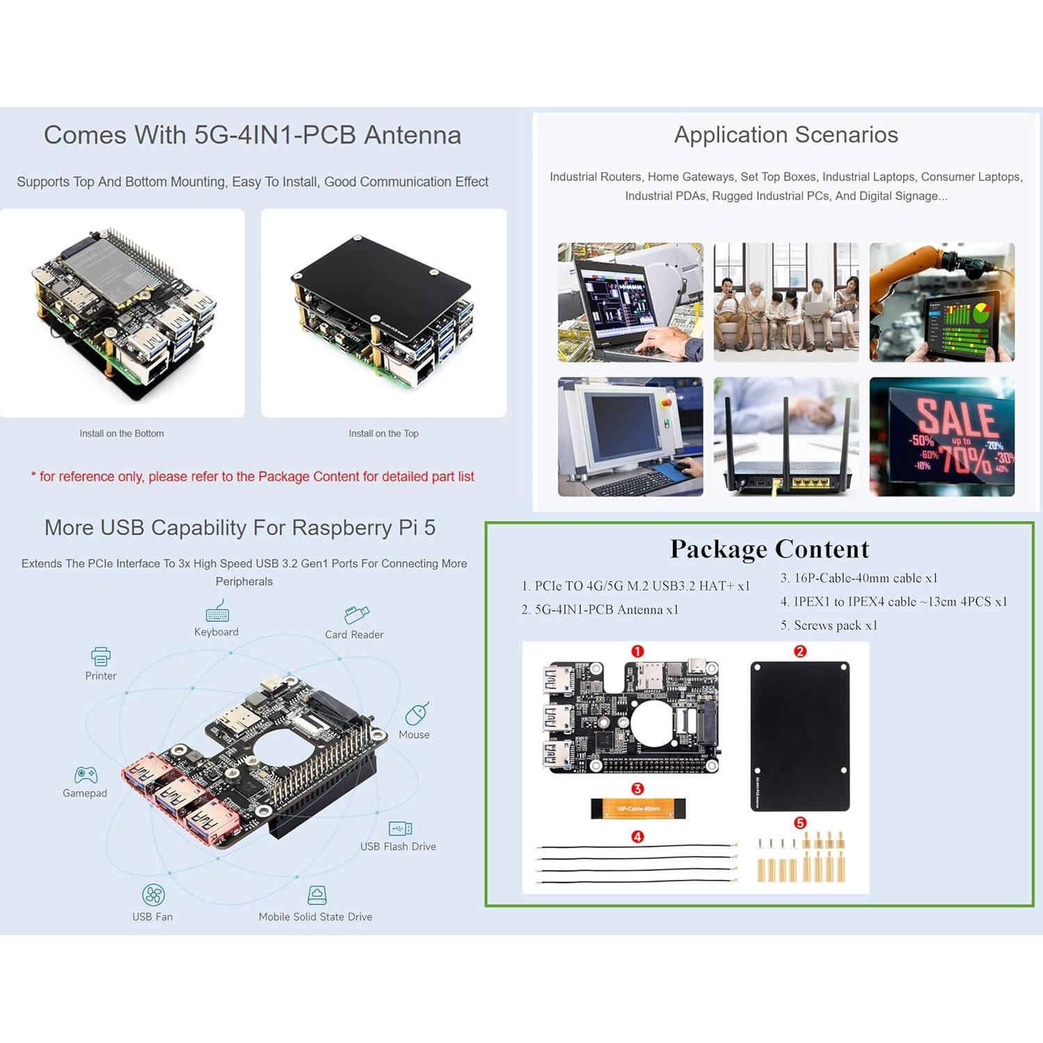 Adaptador PCIe a M.2 4G/5G y USB 3.2 HAT+ UeeKKoo para Raspberry Pi 5