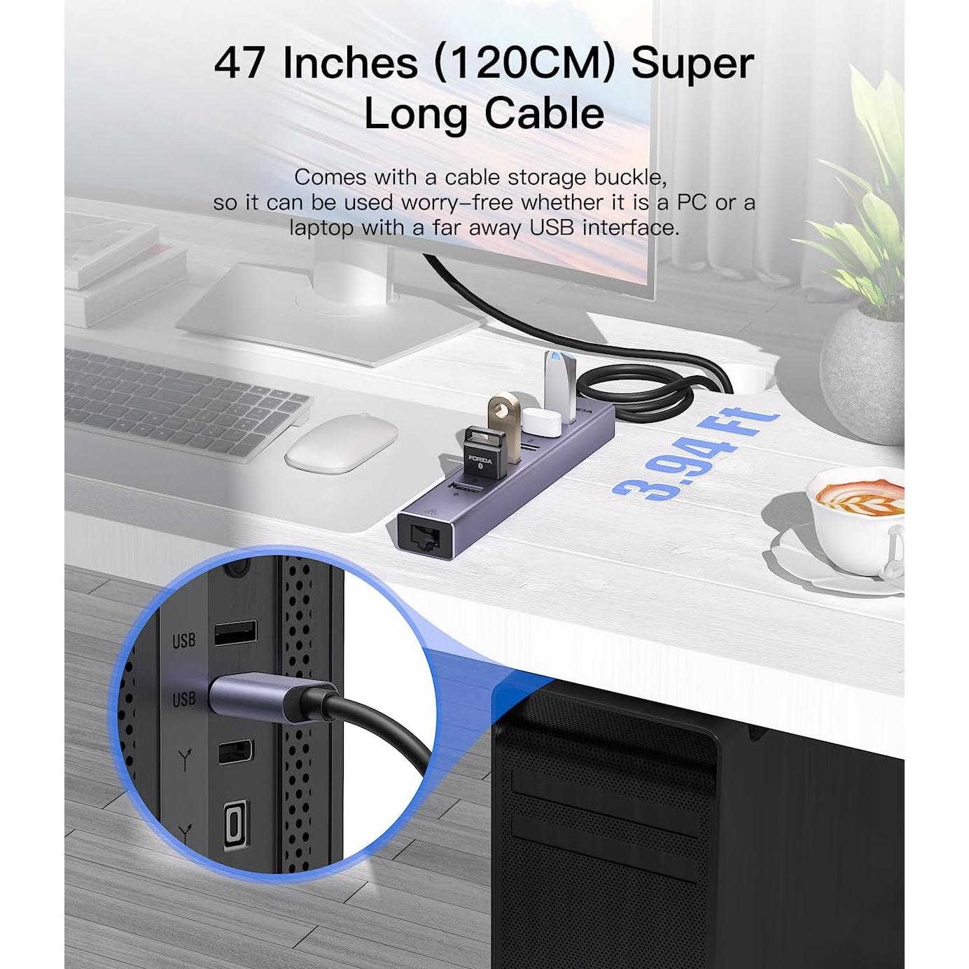Hub USB 3.0 8-en-1 FORIDA con Ethernet Gigabit y 1.2m