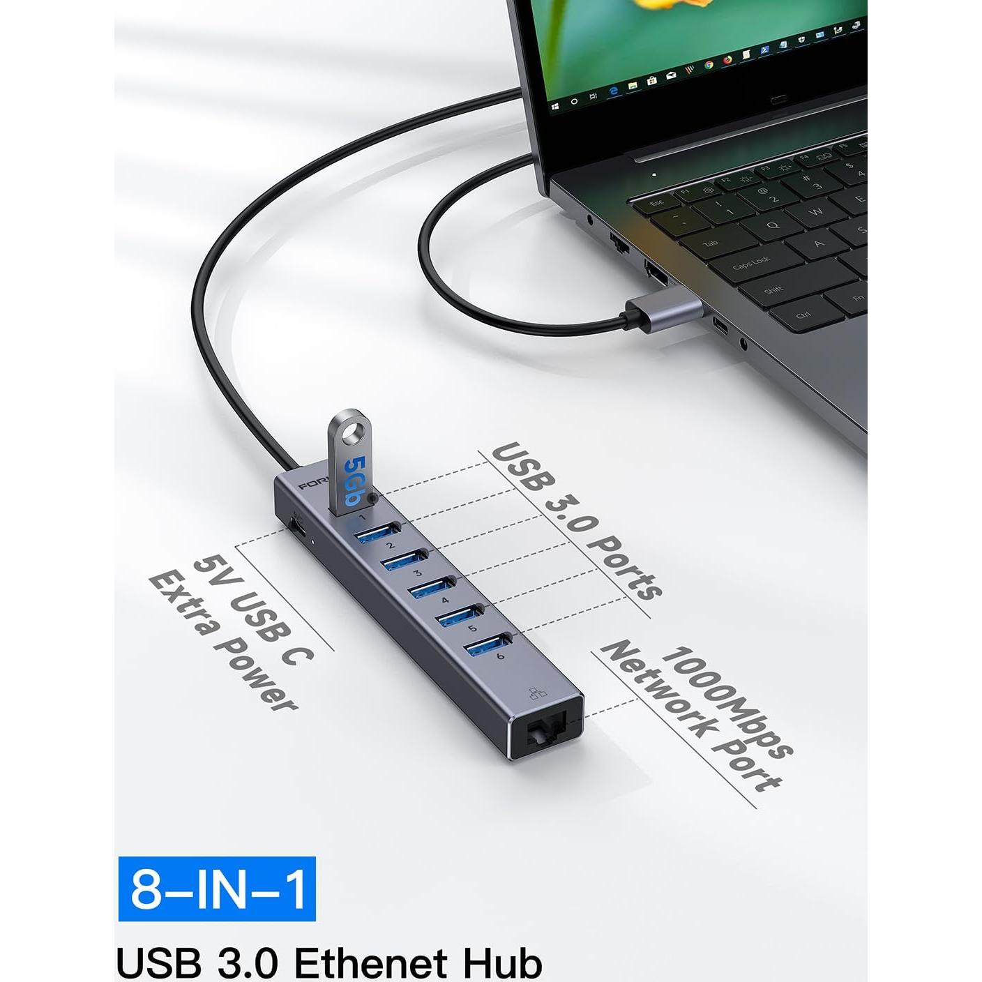 Hub USB 3.0 8-en-1 FORIDA con Ethernet Gigabit y 1.2m